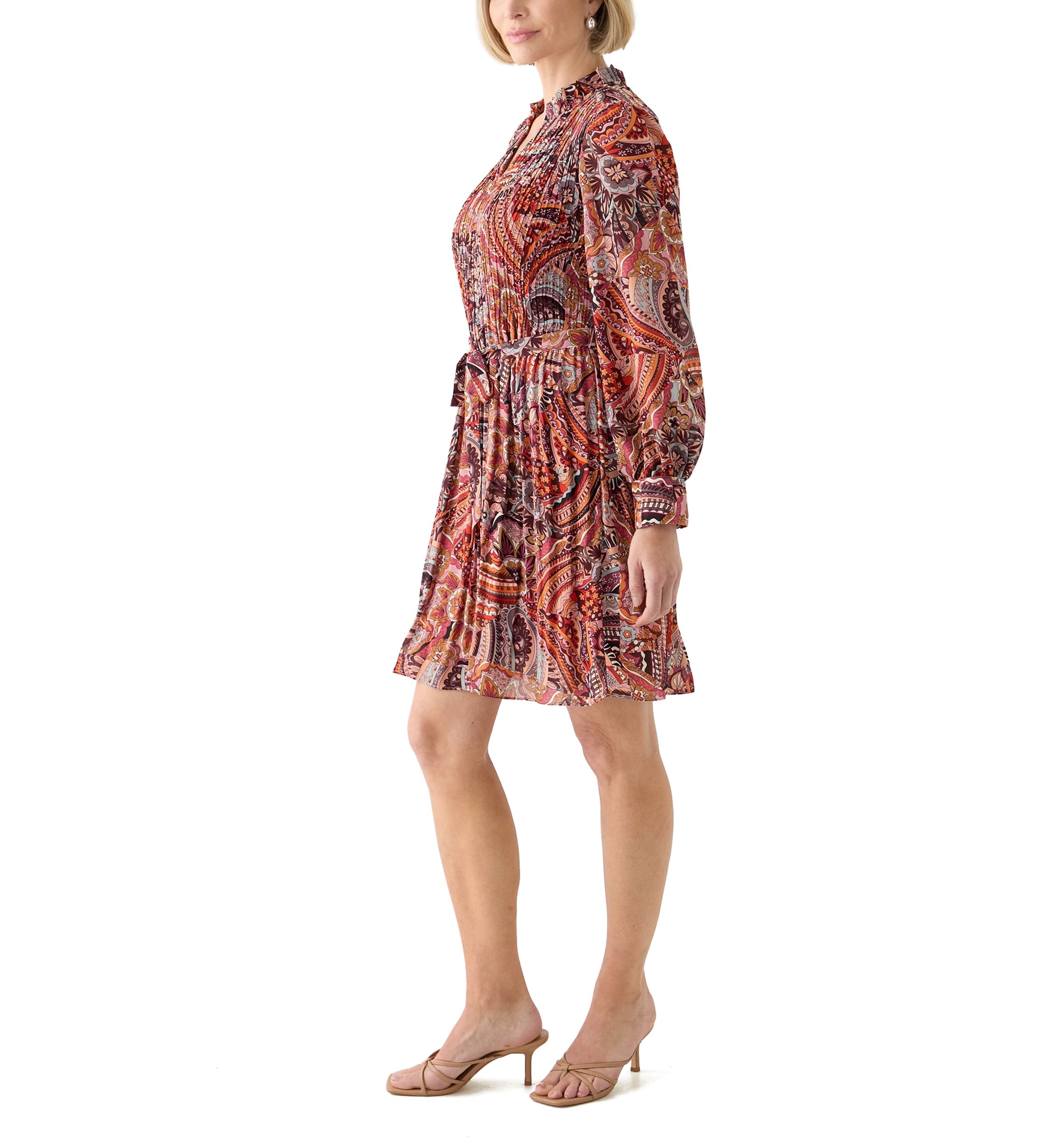Womens Blouson Sleeve Printed Ruffle Collar Dress