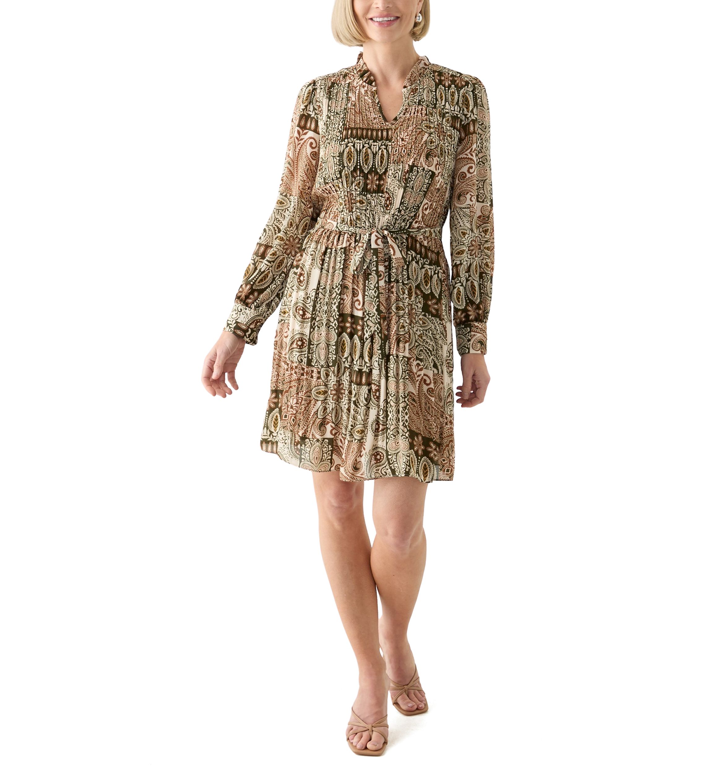   Womens Blouson Sleeve Printed Ruffle Collar Dress 