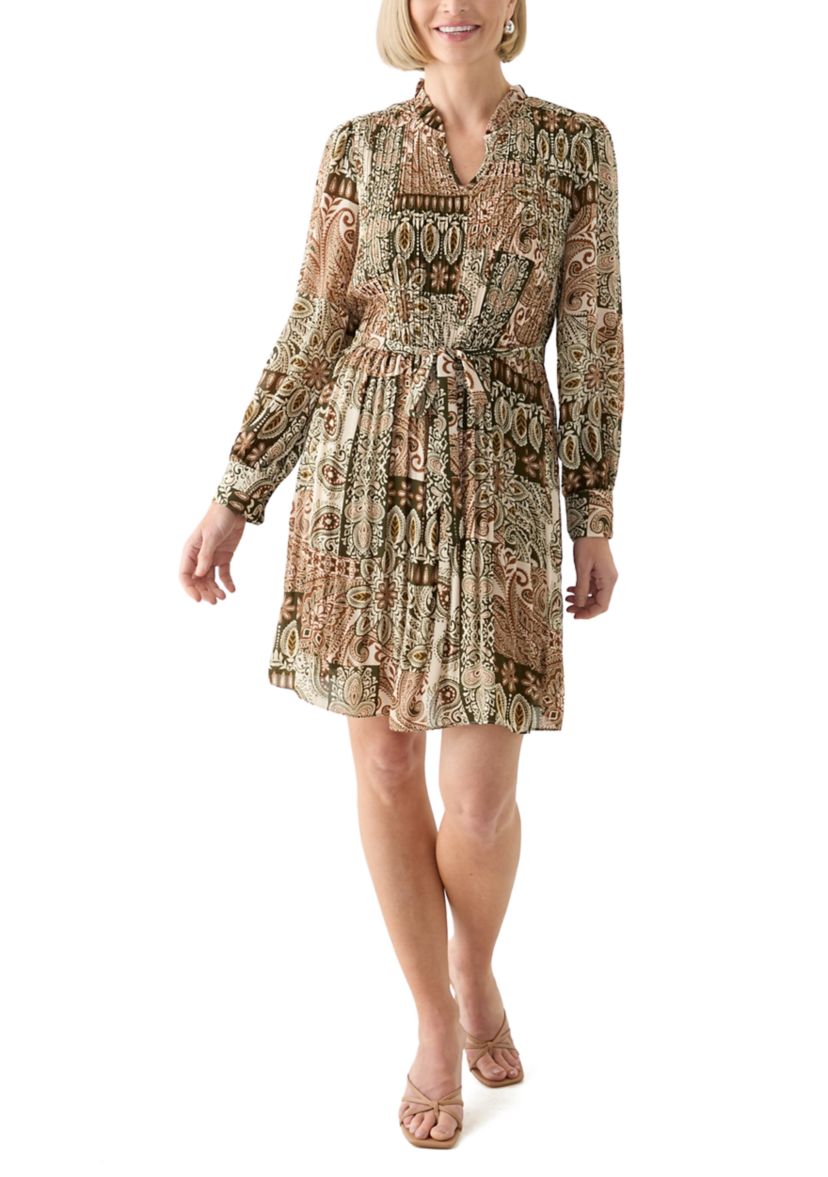   Womens Blouson Sleeve Printed Ruffle Collar Dress 