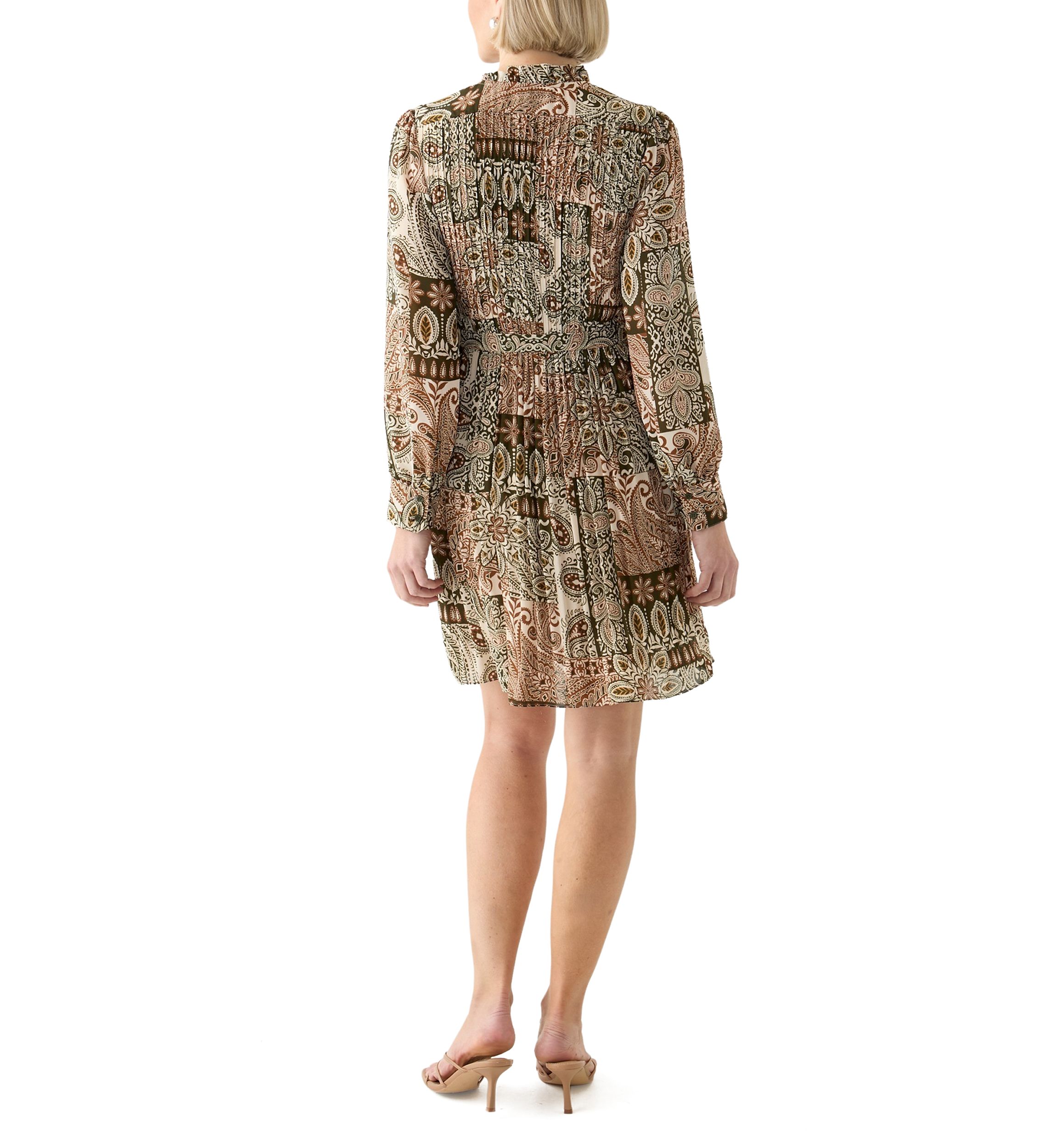   Womens Blouson Sleeve Printed Ruffle Collar Dress 