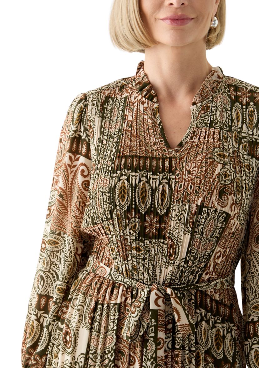   Womens Blouson Sleeve Printed Ruffle Collar Dress 