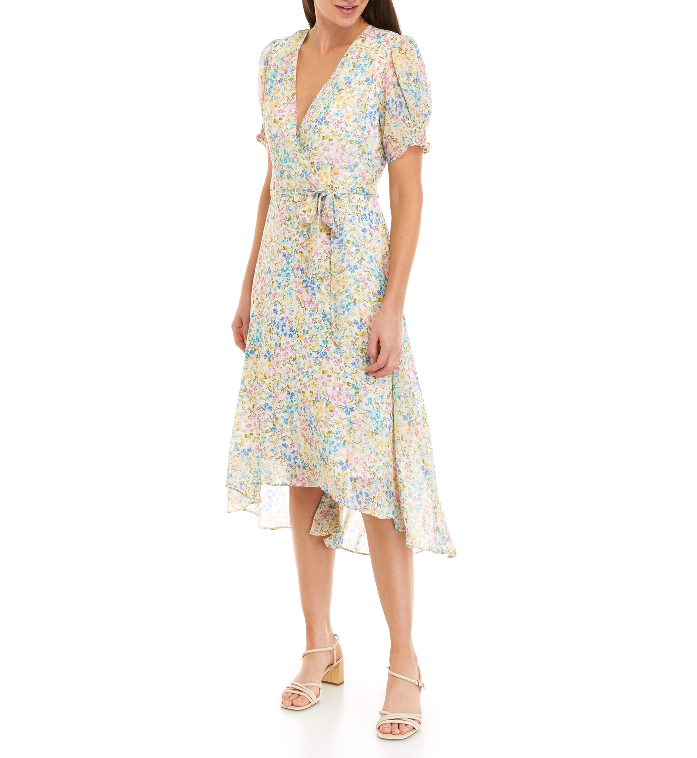 Womens Puff Sleeve Ditsy Floral Wrap Dress
