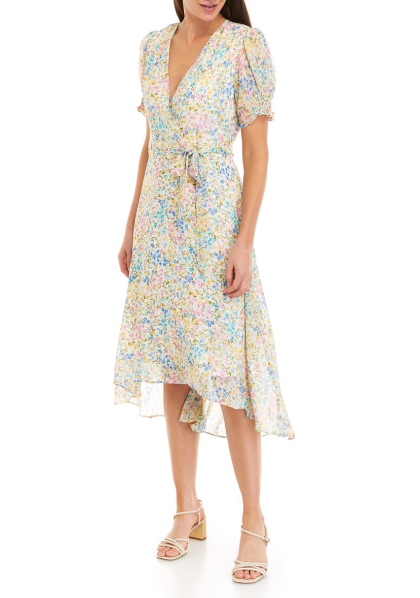 Womens Puff Sleeve Ditsy Floral Wrap Dress