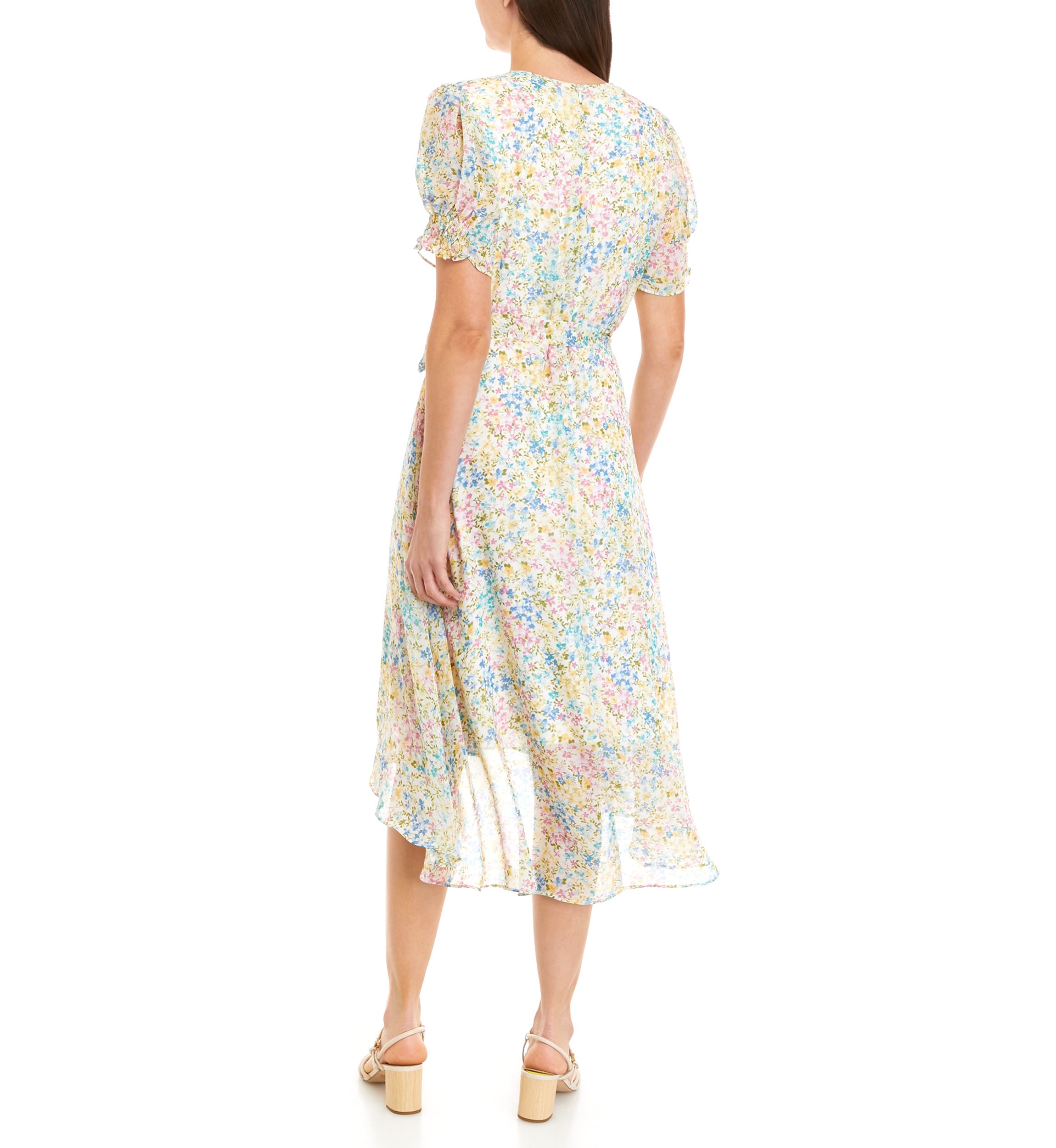 Womens Puff Sleeve Ditsy Floral Wrap Dress