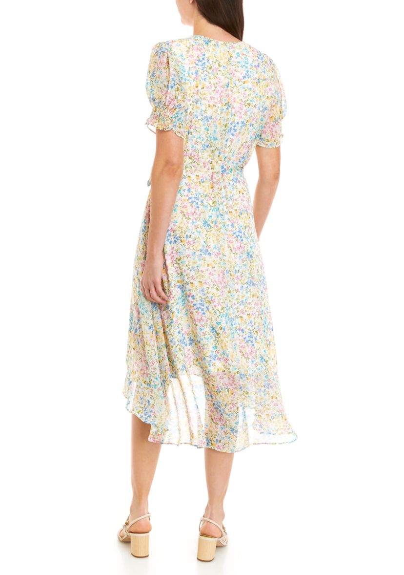 Womens Puff Sleeve Ditsy Floral Wrap Dress