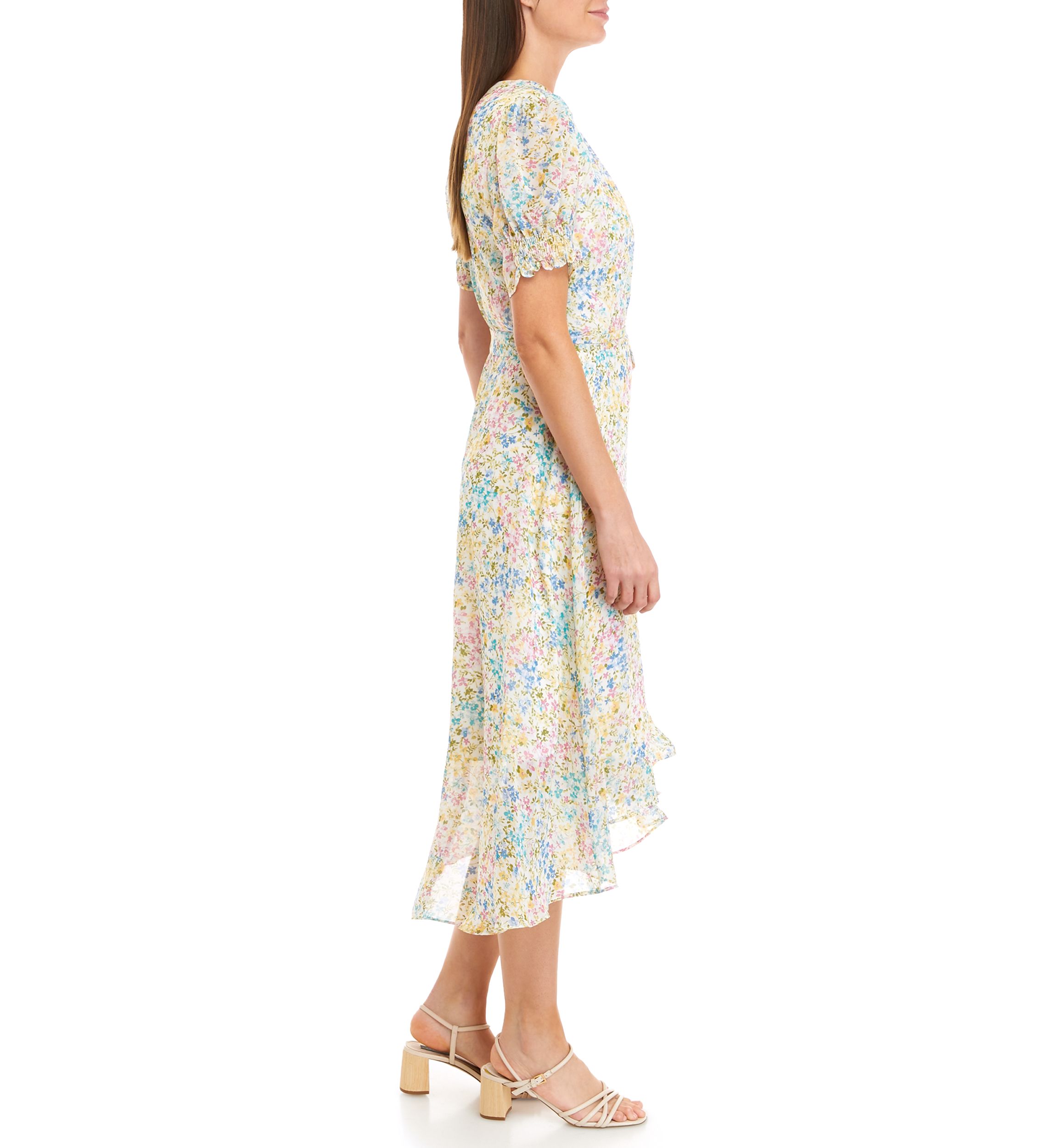 Womens Puff Sleeve Ditsy Floral Wrap Dress
