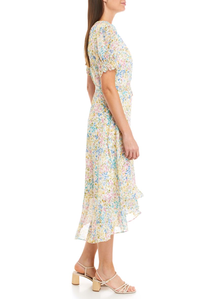 Womens Puff Sleeve Ditsy Floral Wrap Dress