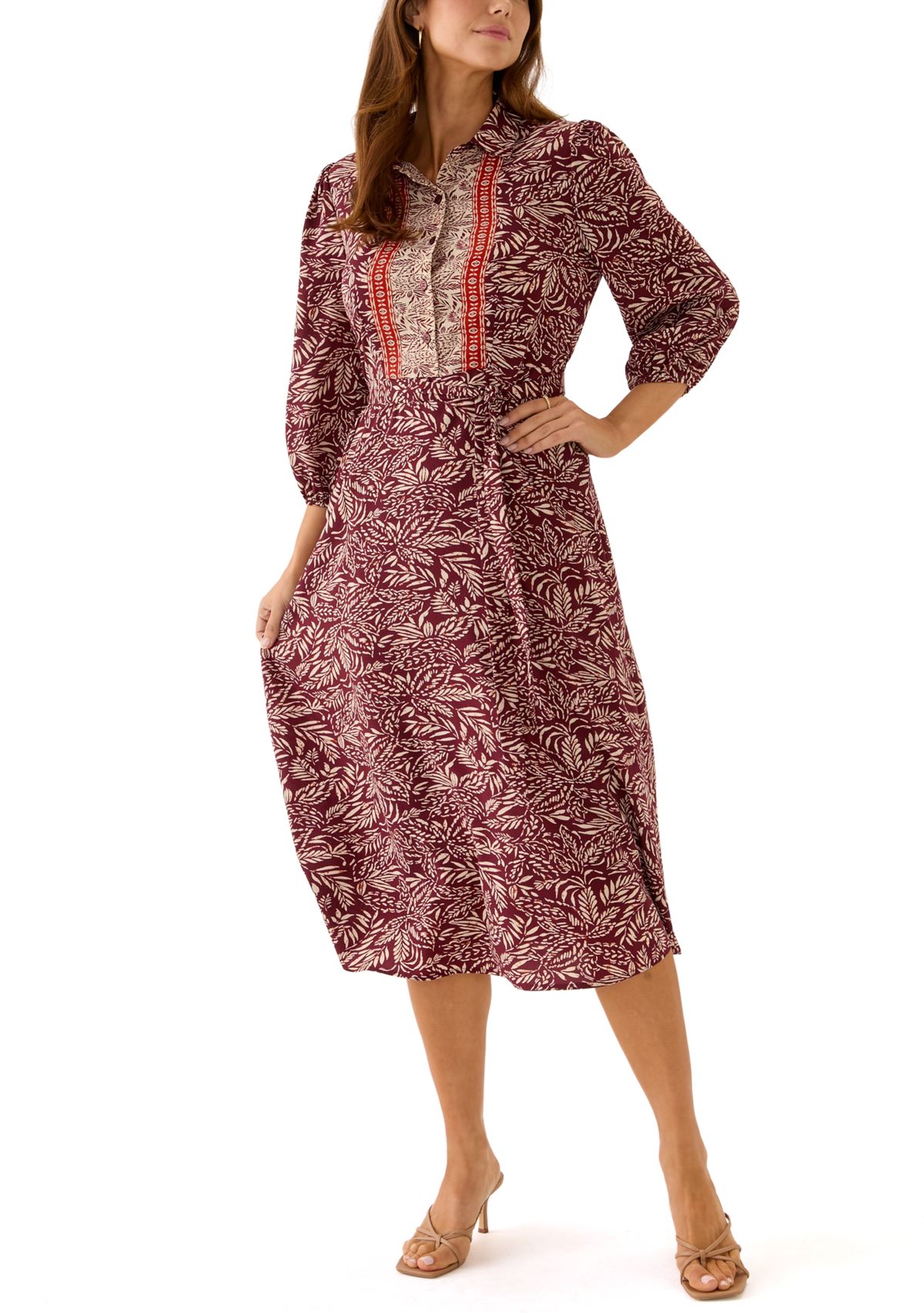 Womens 3/4 Sleeve Paisley Print Crepe Fit and Flare Dress