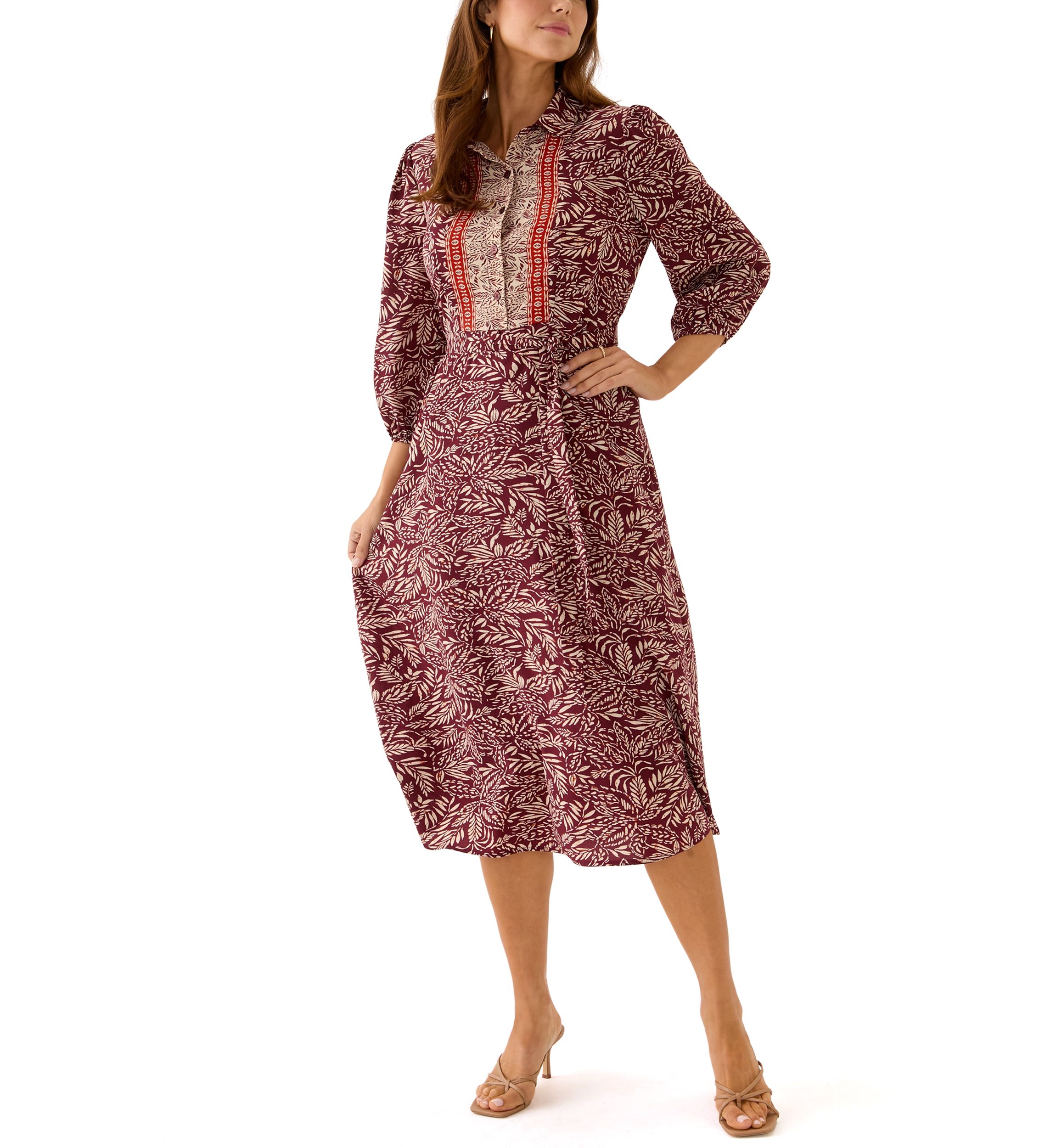 Womens 3/4 Sleeve Paisley Print Crepe Fit and Flare Dress