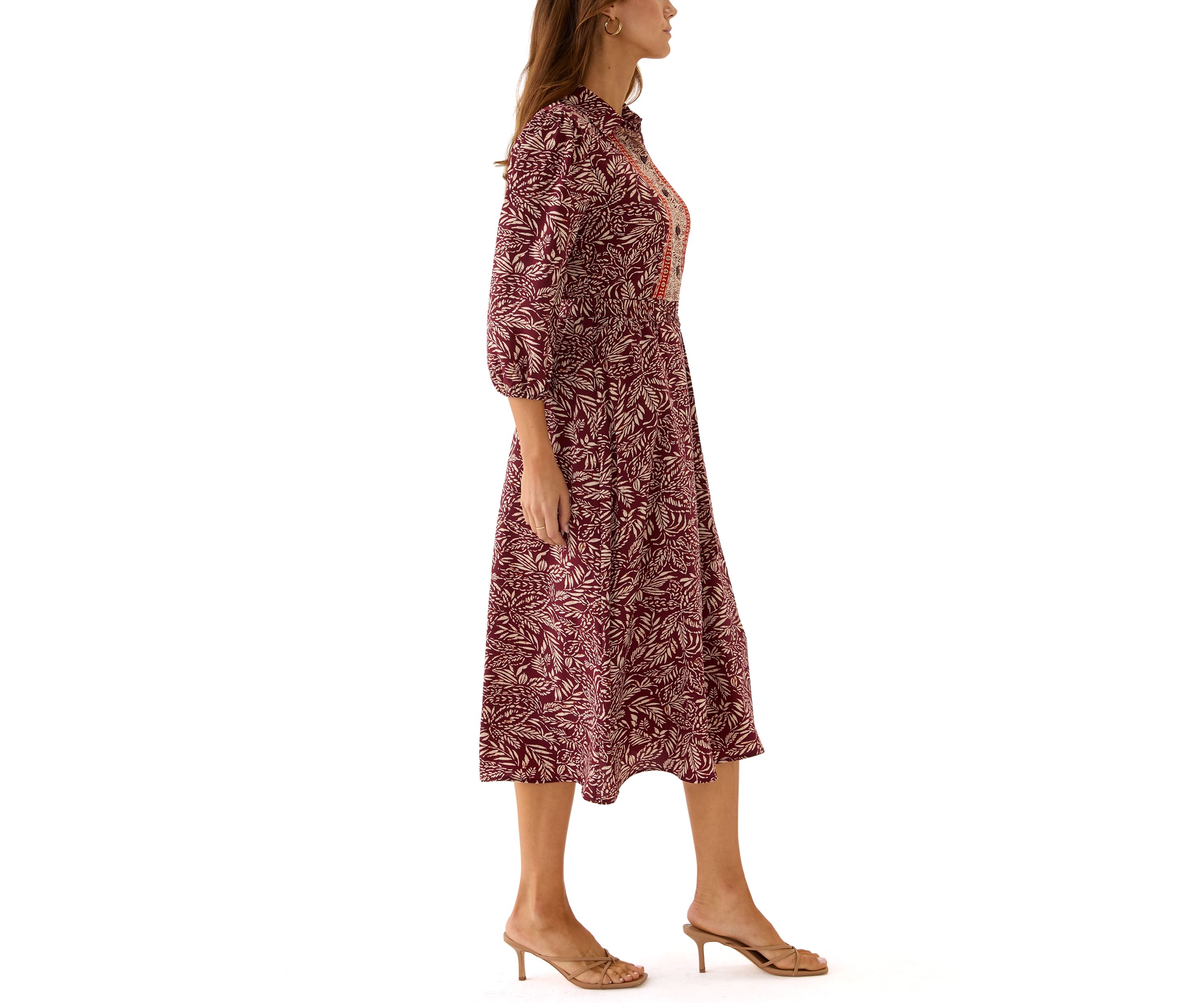 Womens 3/4 Sleeve Paisley Print Crepe Fit and Flare Dress