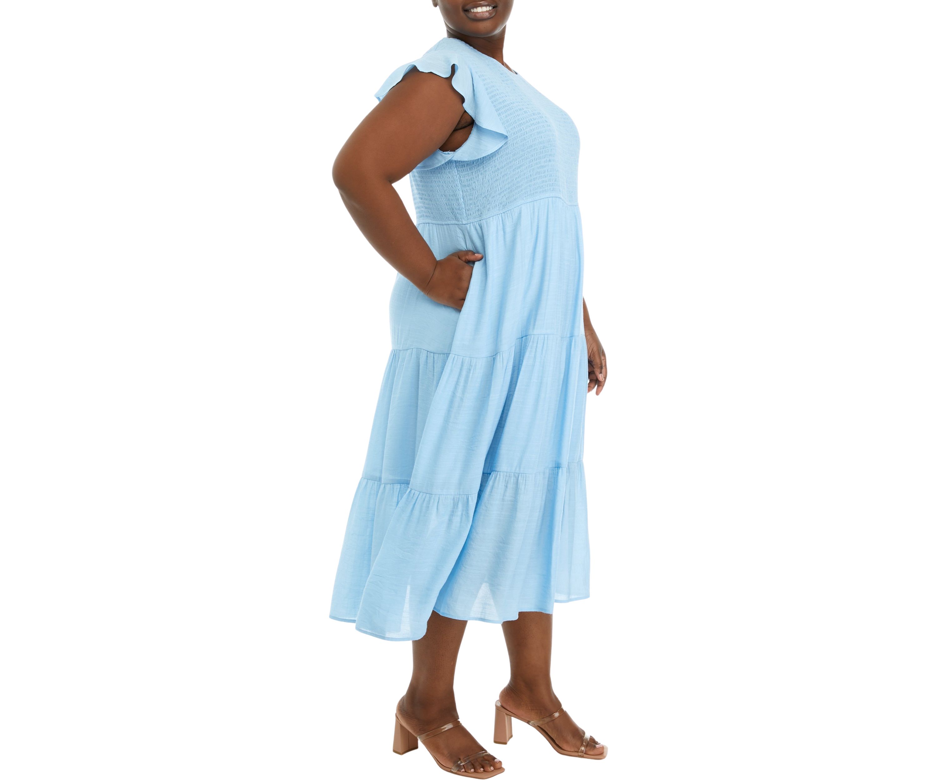 Plus Size Flutter Sleeve Smocked Fit and Flare Dress
