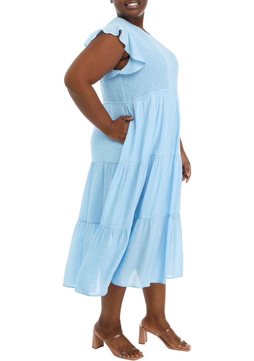 Plus Size Flutter Sleeve Smocked Fit and Flare Dress