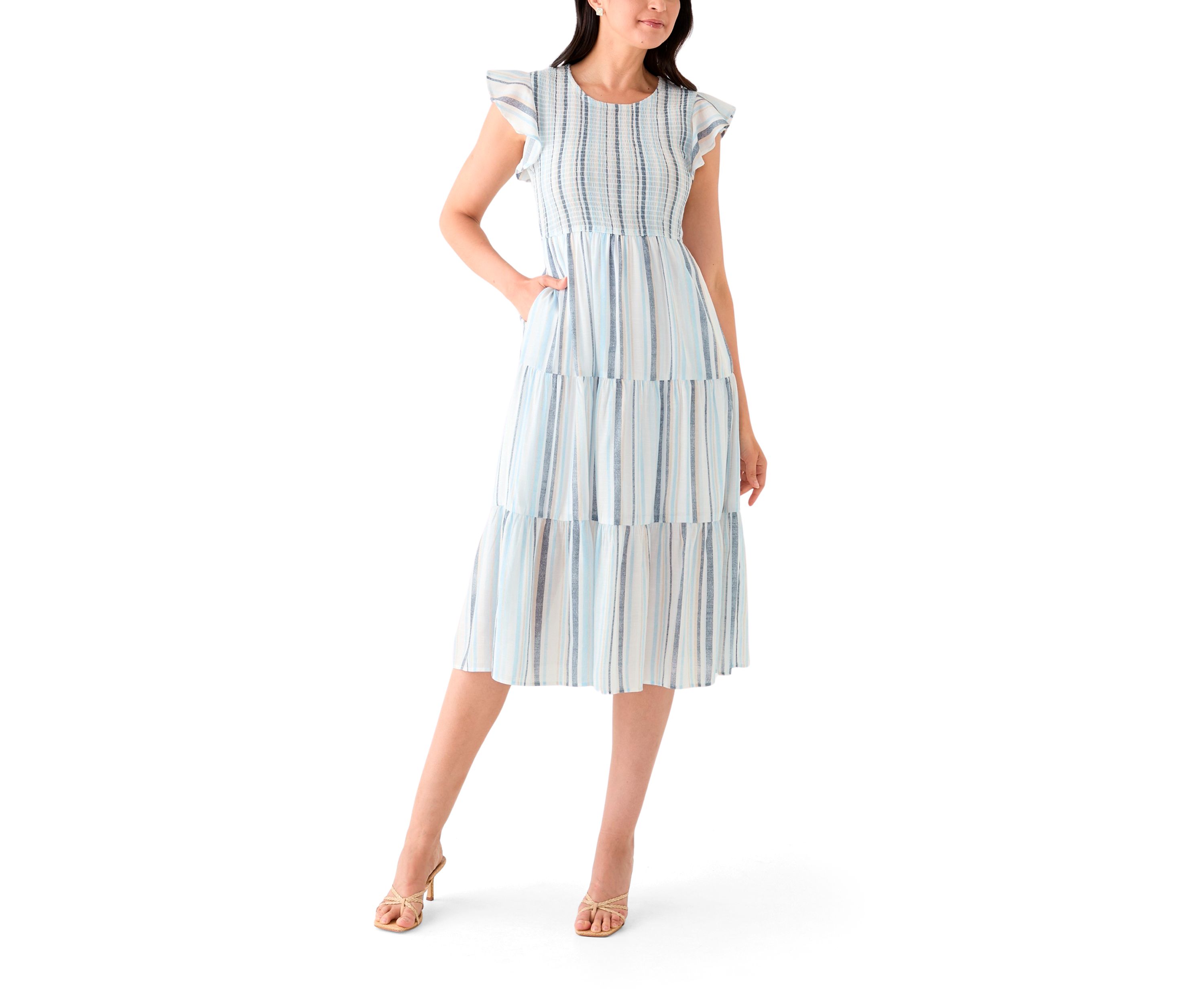 Womens Sleeveless Crew Neck Stripe Print Midi Dress