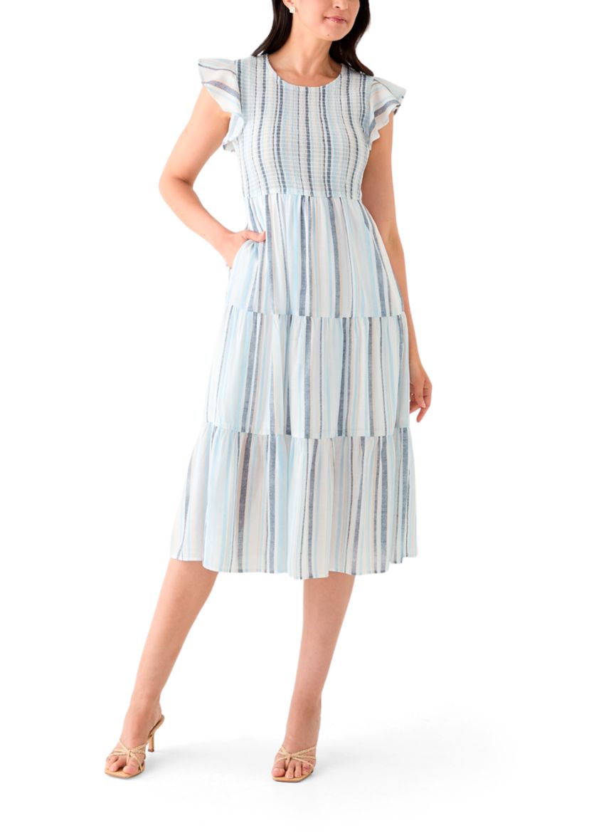 Womens Sleeveless Crew Neck Stripe Print Midi Dress