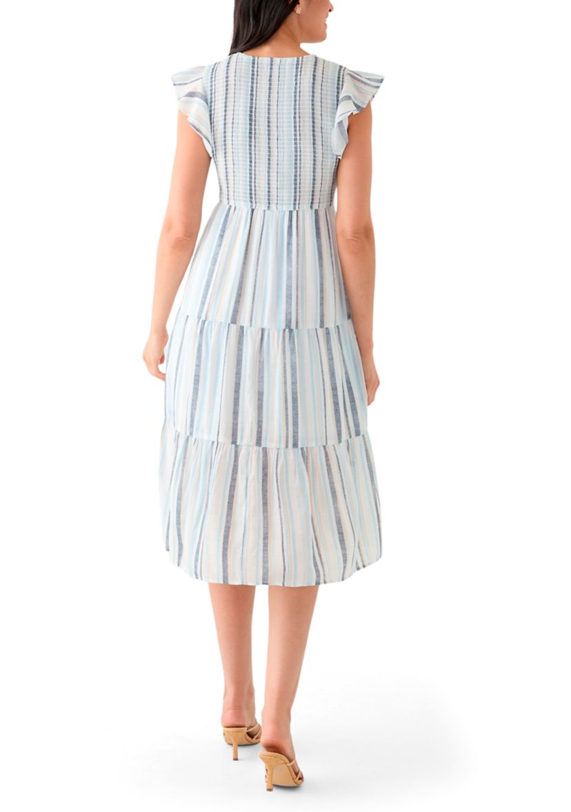 Womens Sleeveless Crew Neck Stripe Print Midi Dress