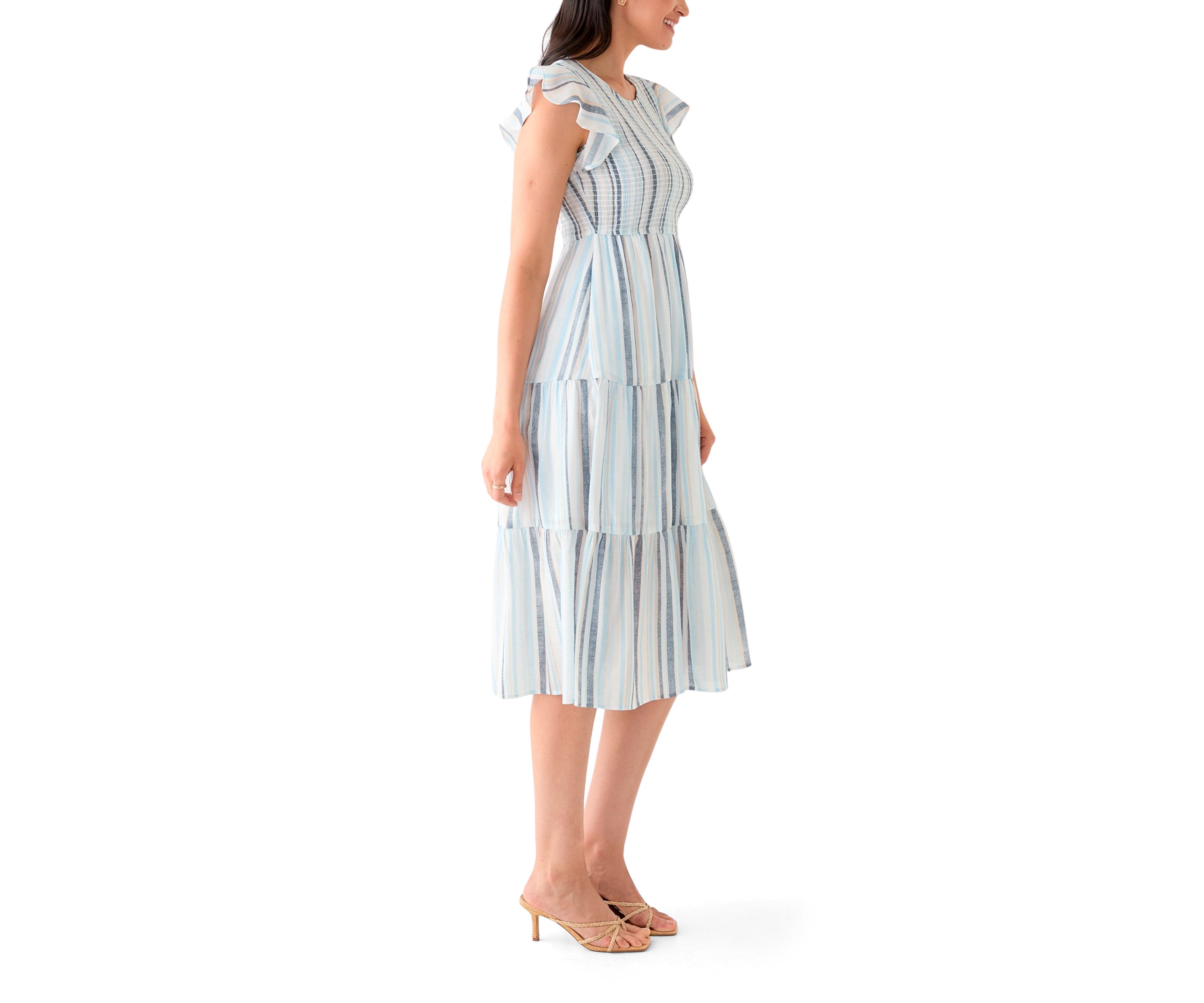 Womens Sleeveless Crew Neck Stripe Print Midi Dress