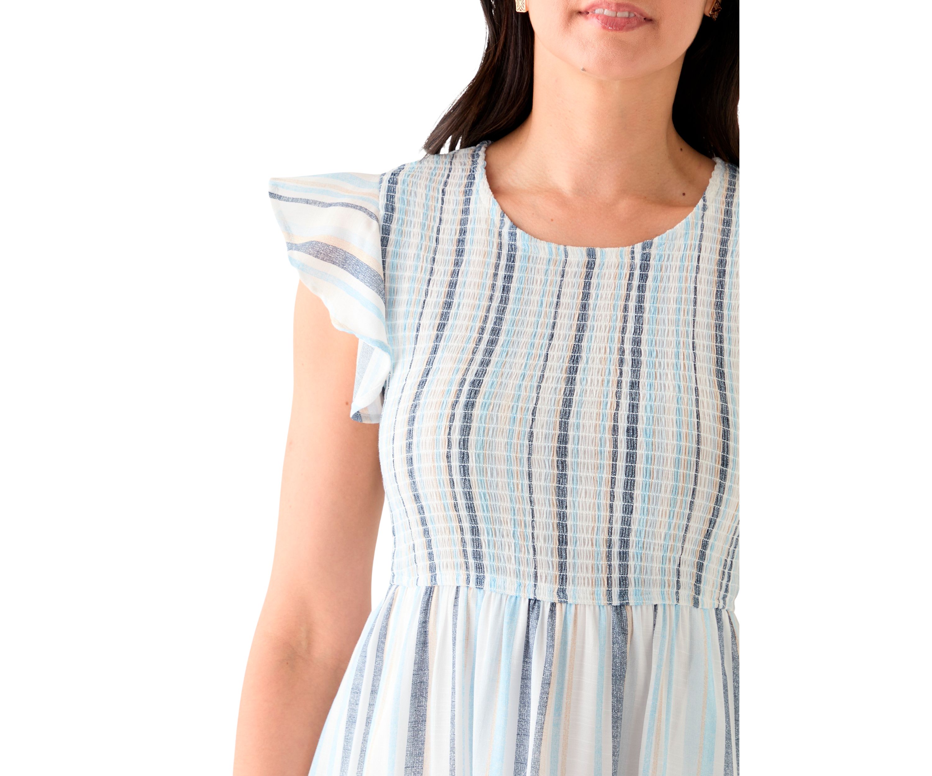 Womens Sleeveless Crew Neck Stripe Print Midi Dress
