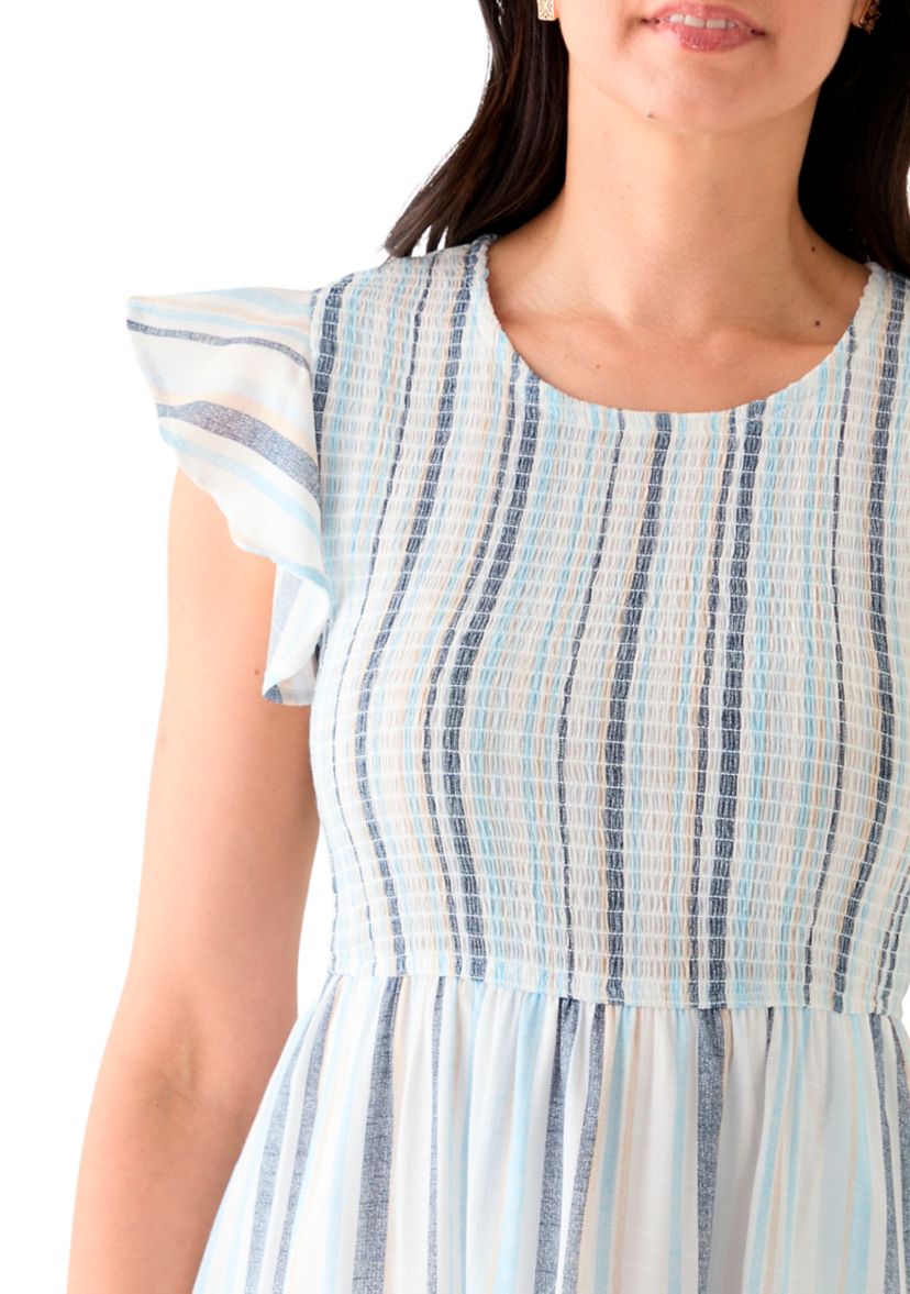 Womens Sleeveless Crew Neck Stripe Print Midi Dress