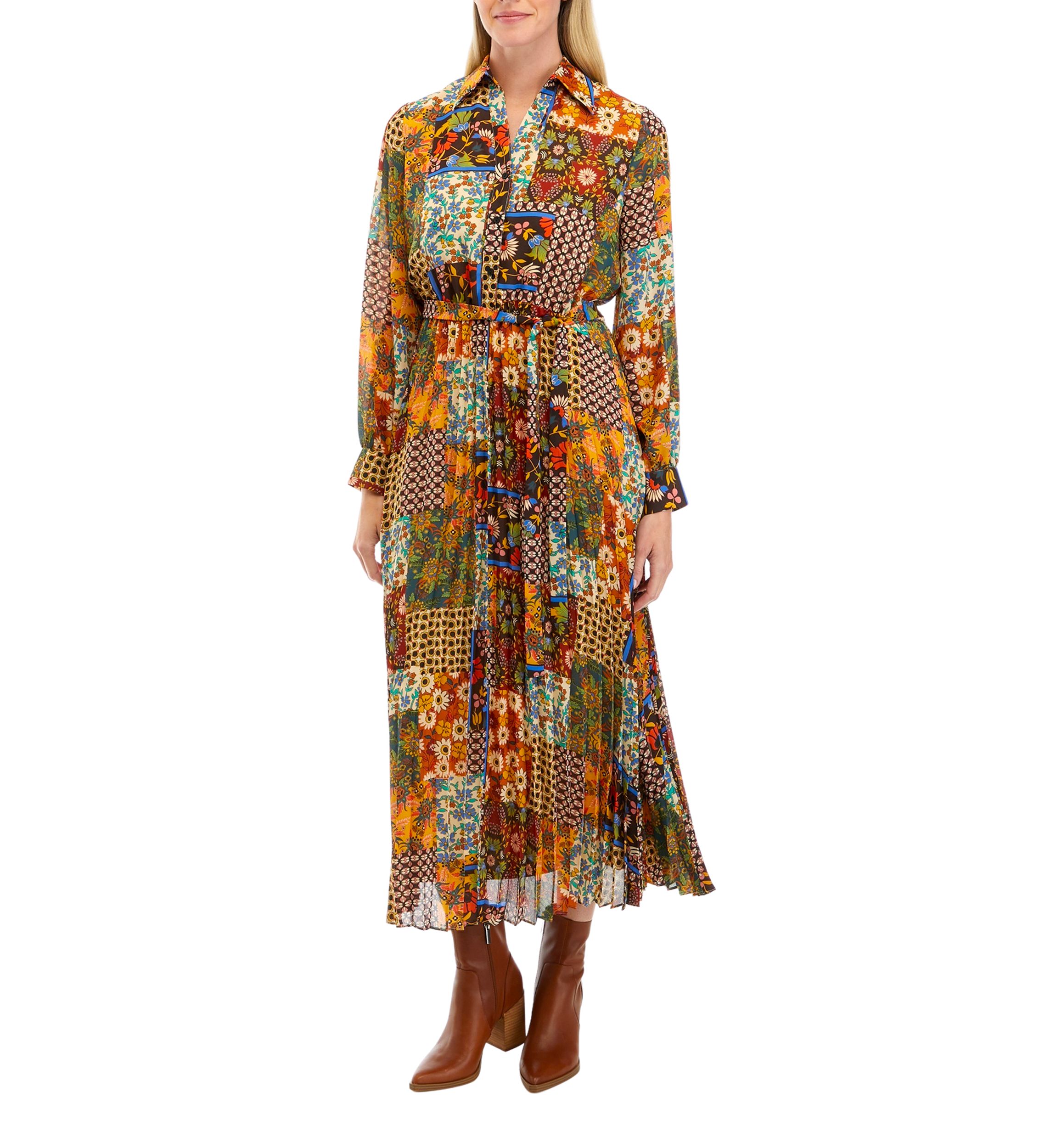 Womens Long Sleeve Scarf Patchwork Print Pleated Midi Shirtdress