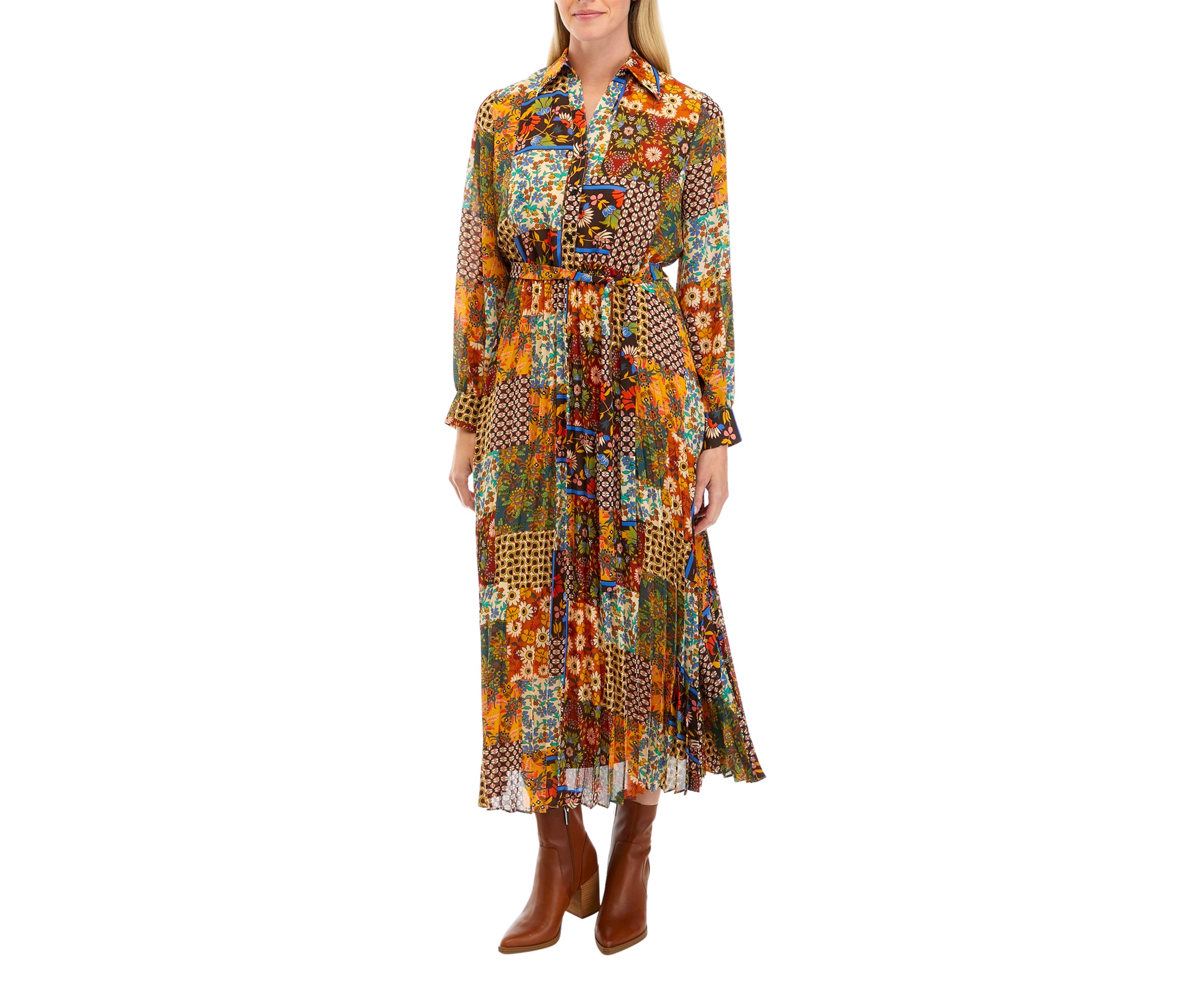 Womens Long Sleeve Scarf Patchwork Print Pleated Midi Shirtdress