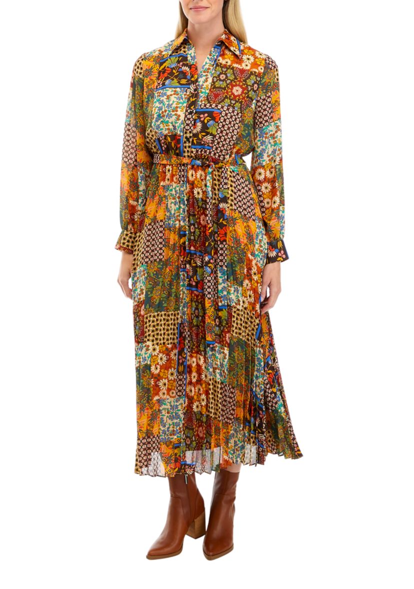 Womens Long Sleeve Scarf Patchwork Print Pleated Midi Shirtdress