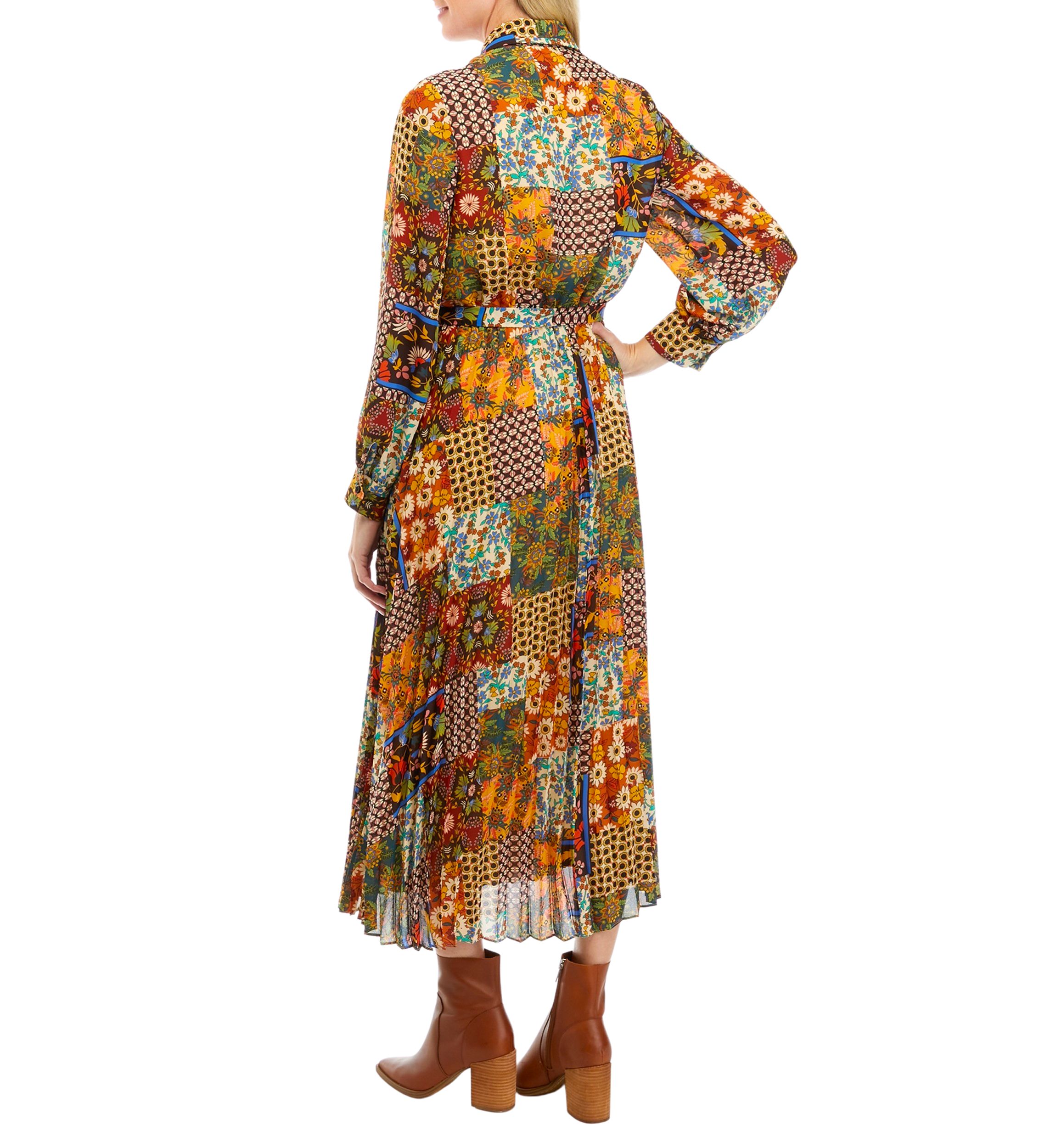 Womens Long Sleeve Scarf Patchwork Print Pleated Midi Shirtdress