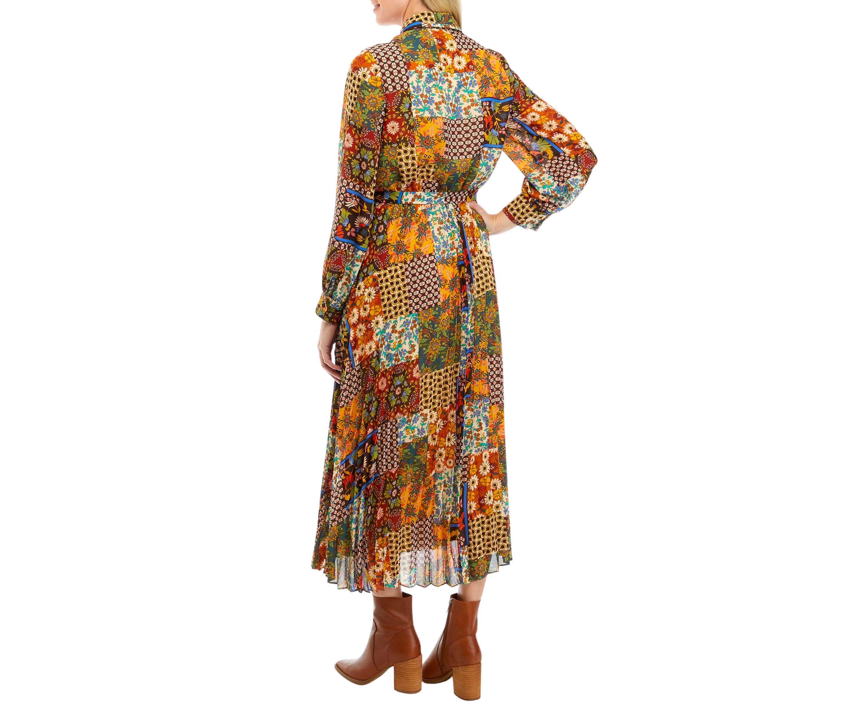 Womens Long Sleeve Scarf Patchwork Print Pleated Midi Shirtdress