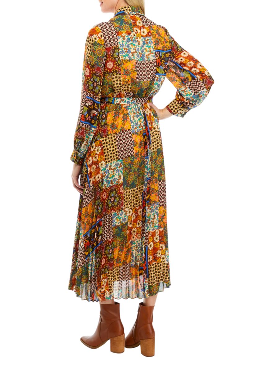 Womens Long Sleeve Scarf Patchwork Print Pleated Midi Shirtdress