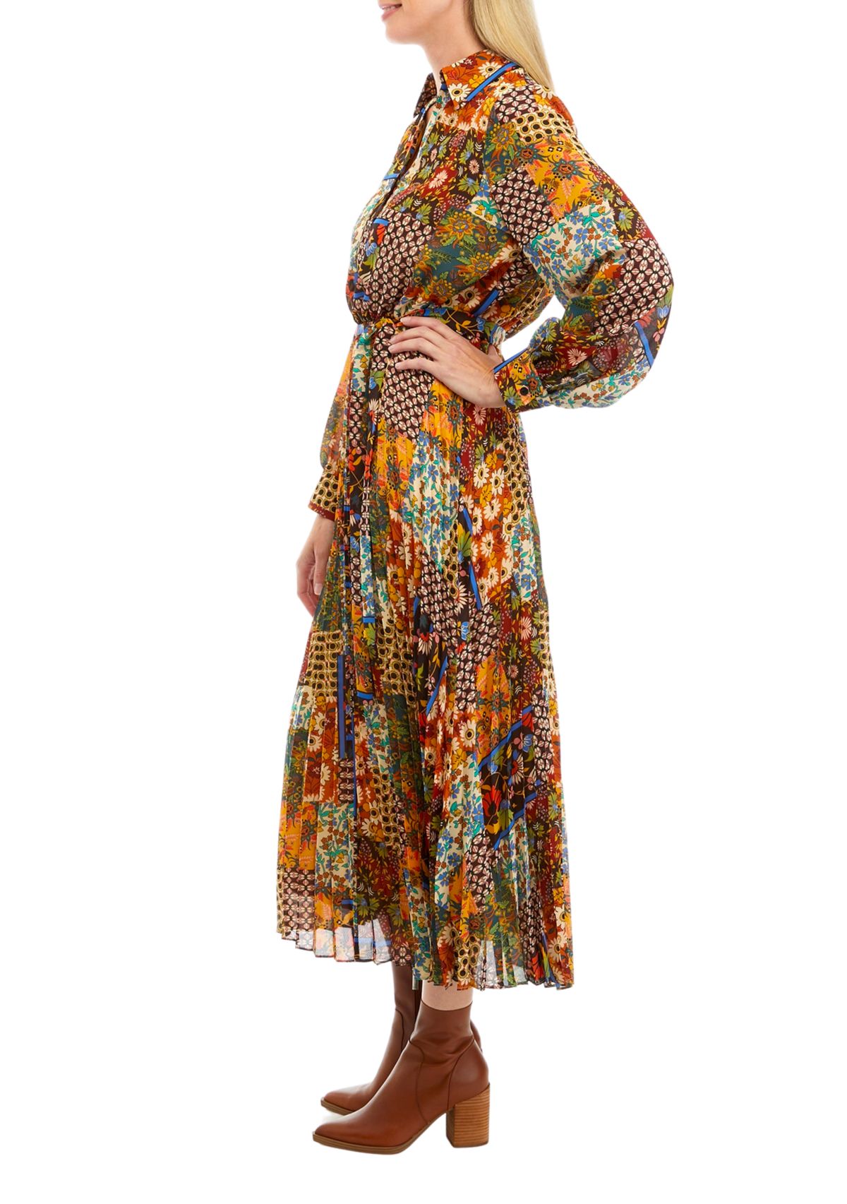 Womens Long Sleeve Scarf Patchwork Print Pleated Midi Shirtdress