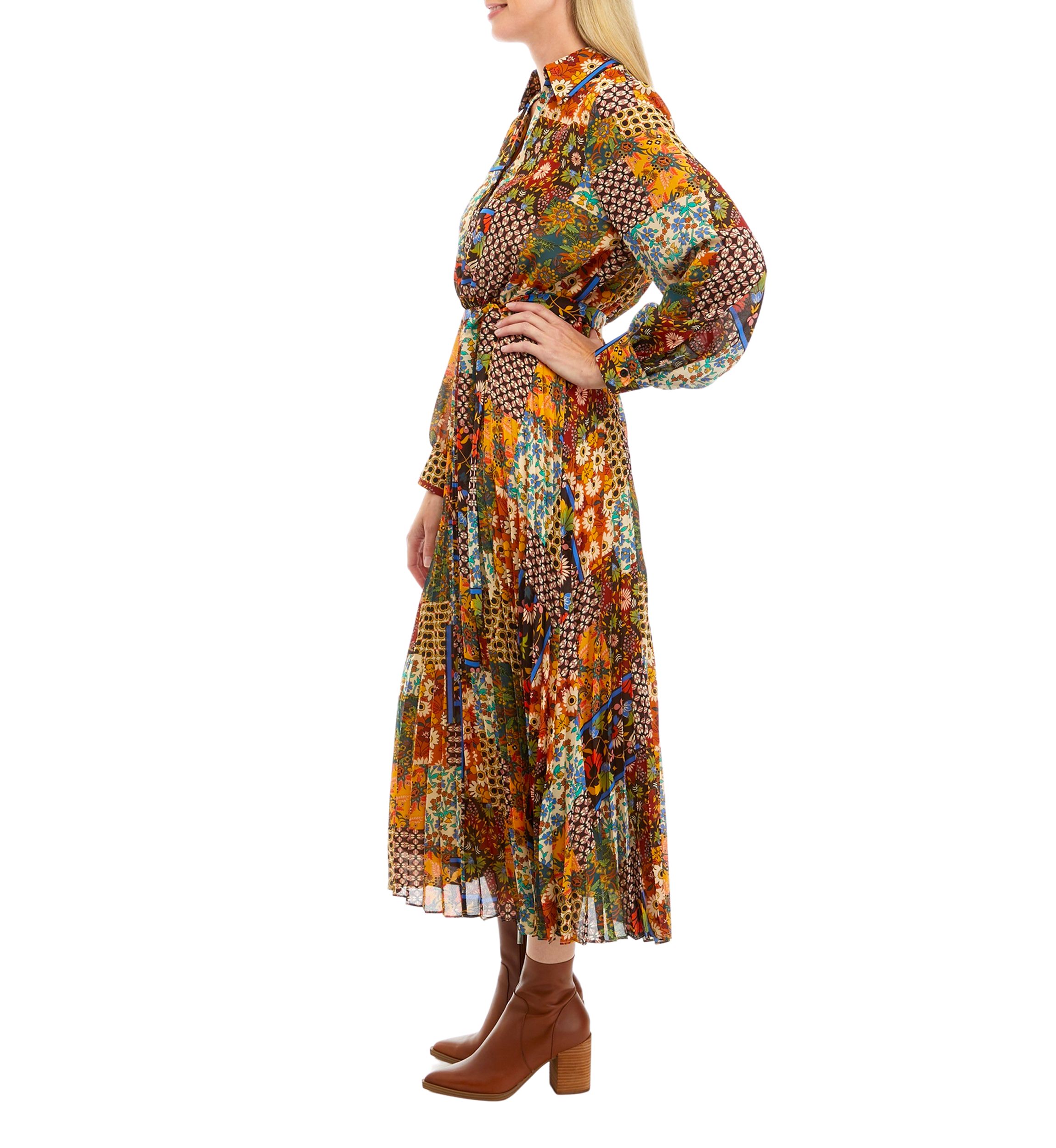 Womens Long Sleeve Scarf Patchwork Print Pleated Midi Shirtdress