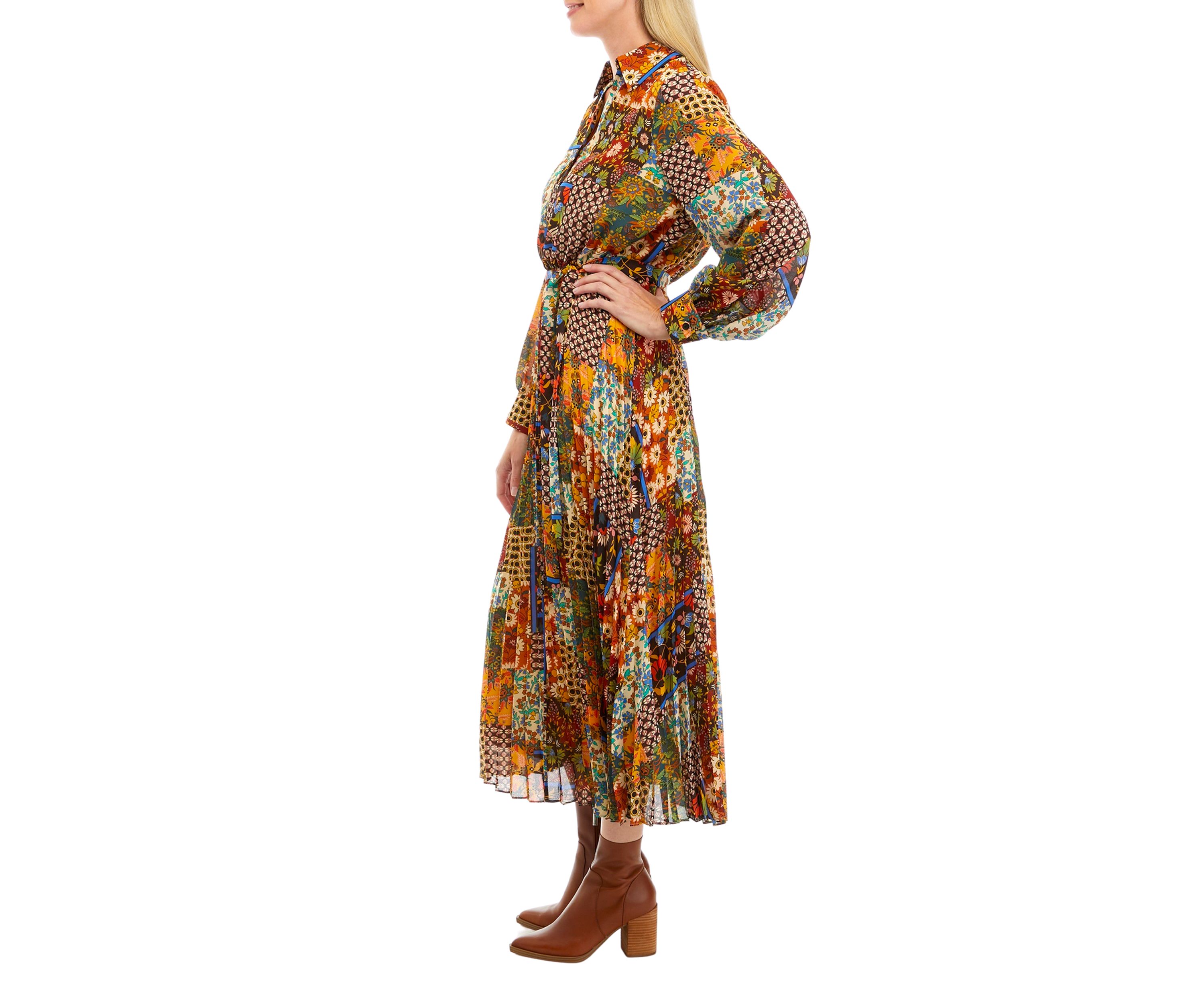 Womens Long Sleeve Scarf Patchwork Print Pleated Midi Shirtdress