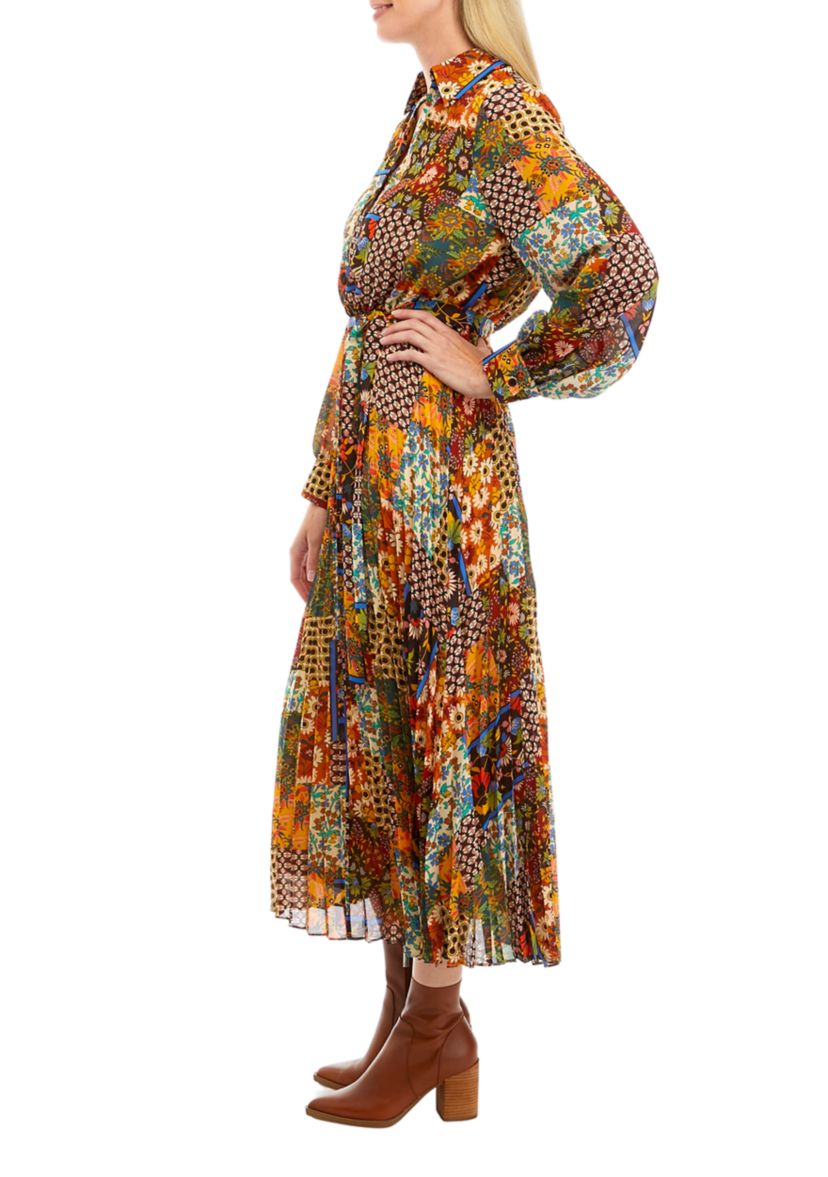 Womens Long Sleeve Scarf Patchwork Print Pleated Midi Shirtdress