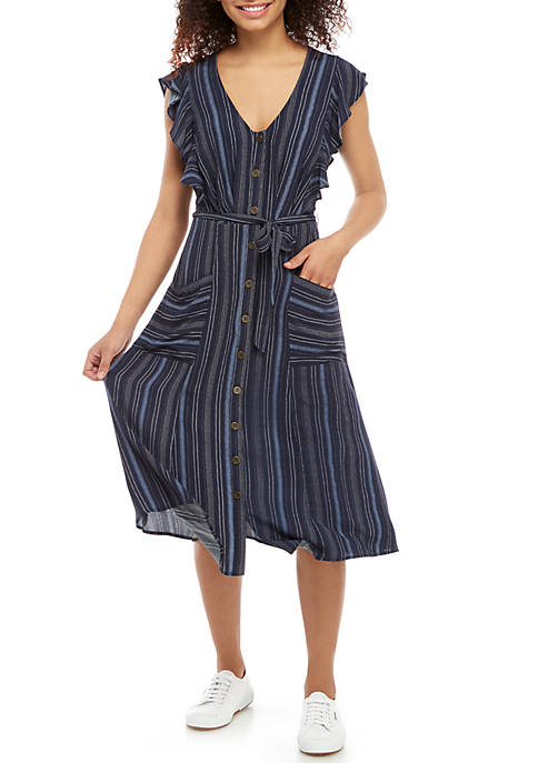 Midi Ruffle Sleeve Tie Front Pocket Dress