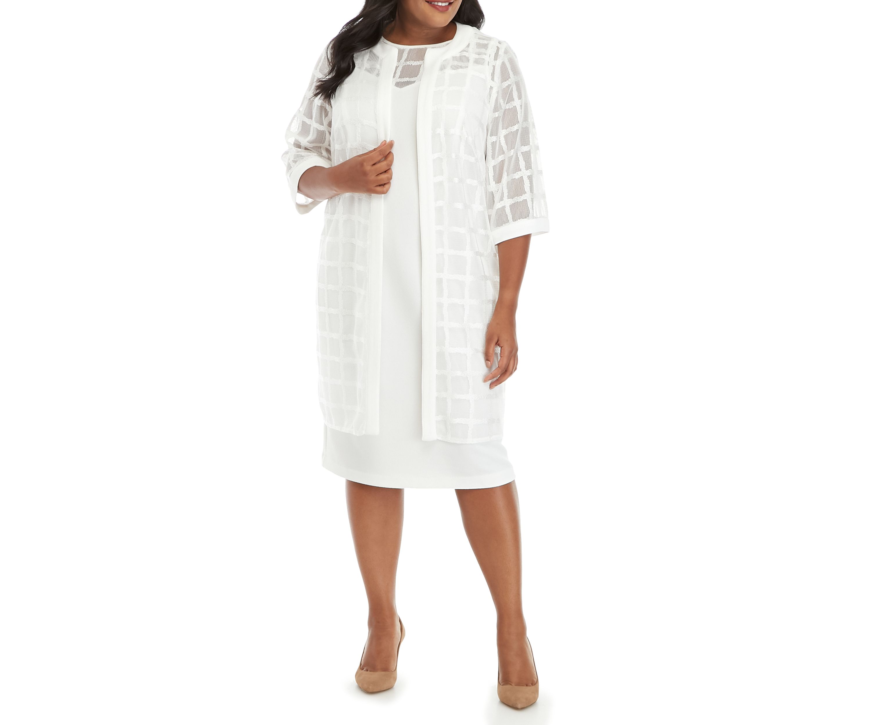 Plus Size Textured Window Pane Topper Jacket Dress