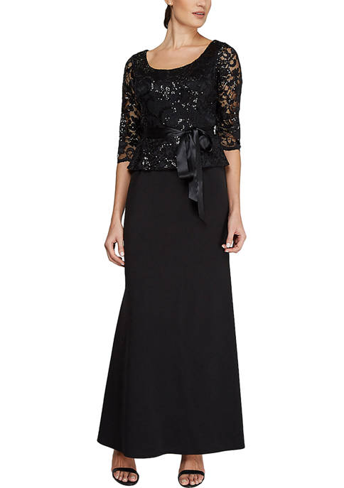Womens Long Belted Lace Bodice Gown with Stretch Crepe Skirt