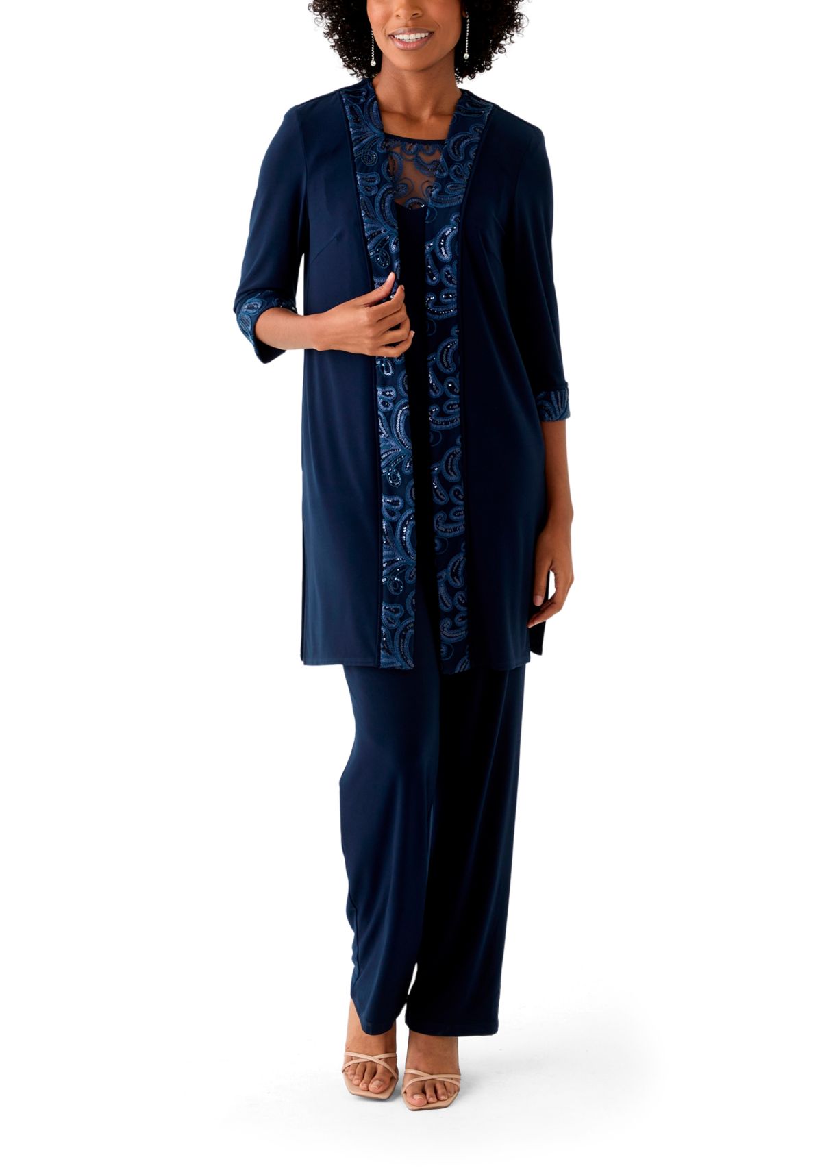 Womens 3 Piece Pant Set with Embroidered Trim