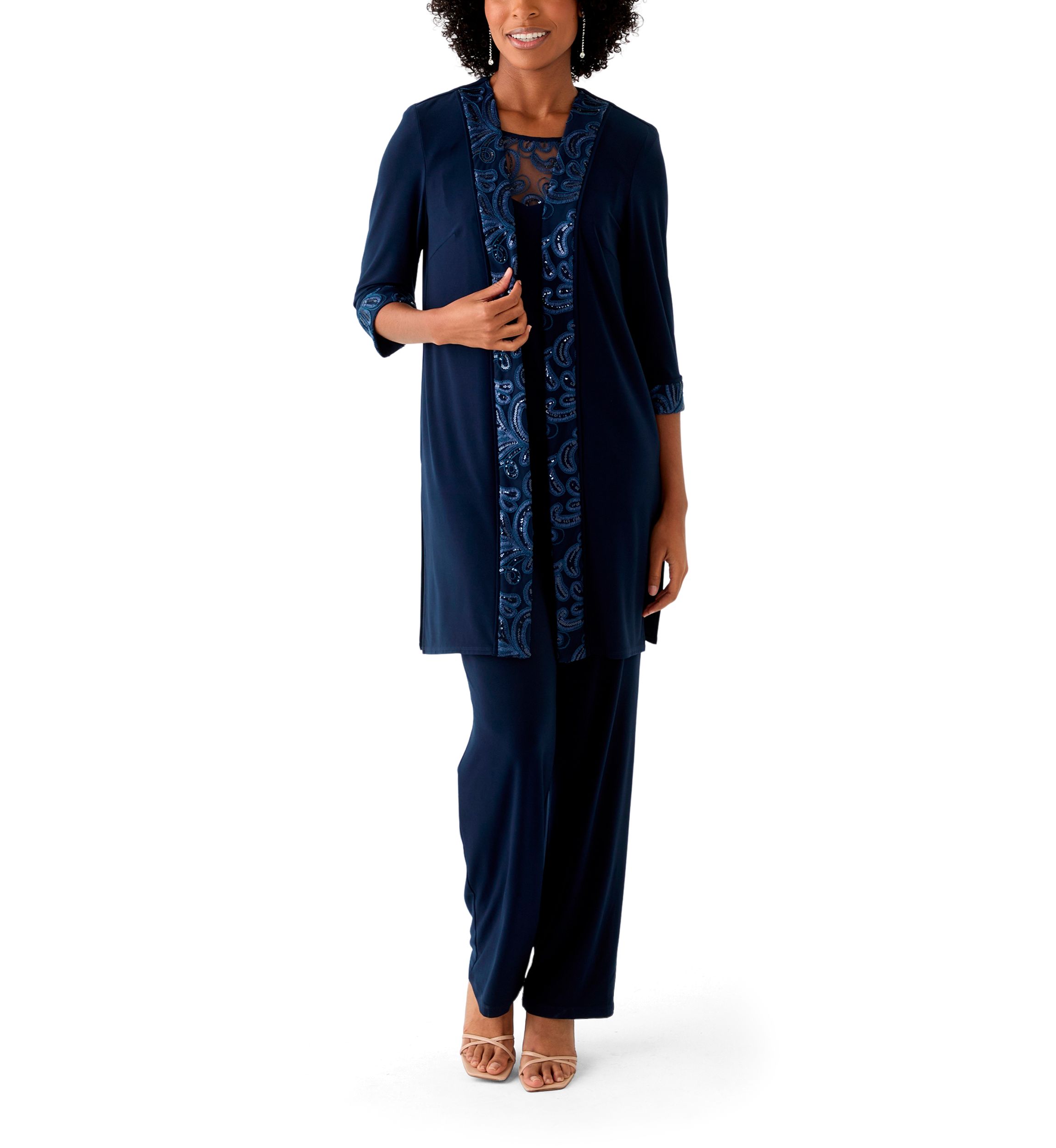 Womens 3 Piece Pant Set with Embroidered Trim