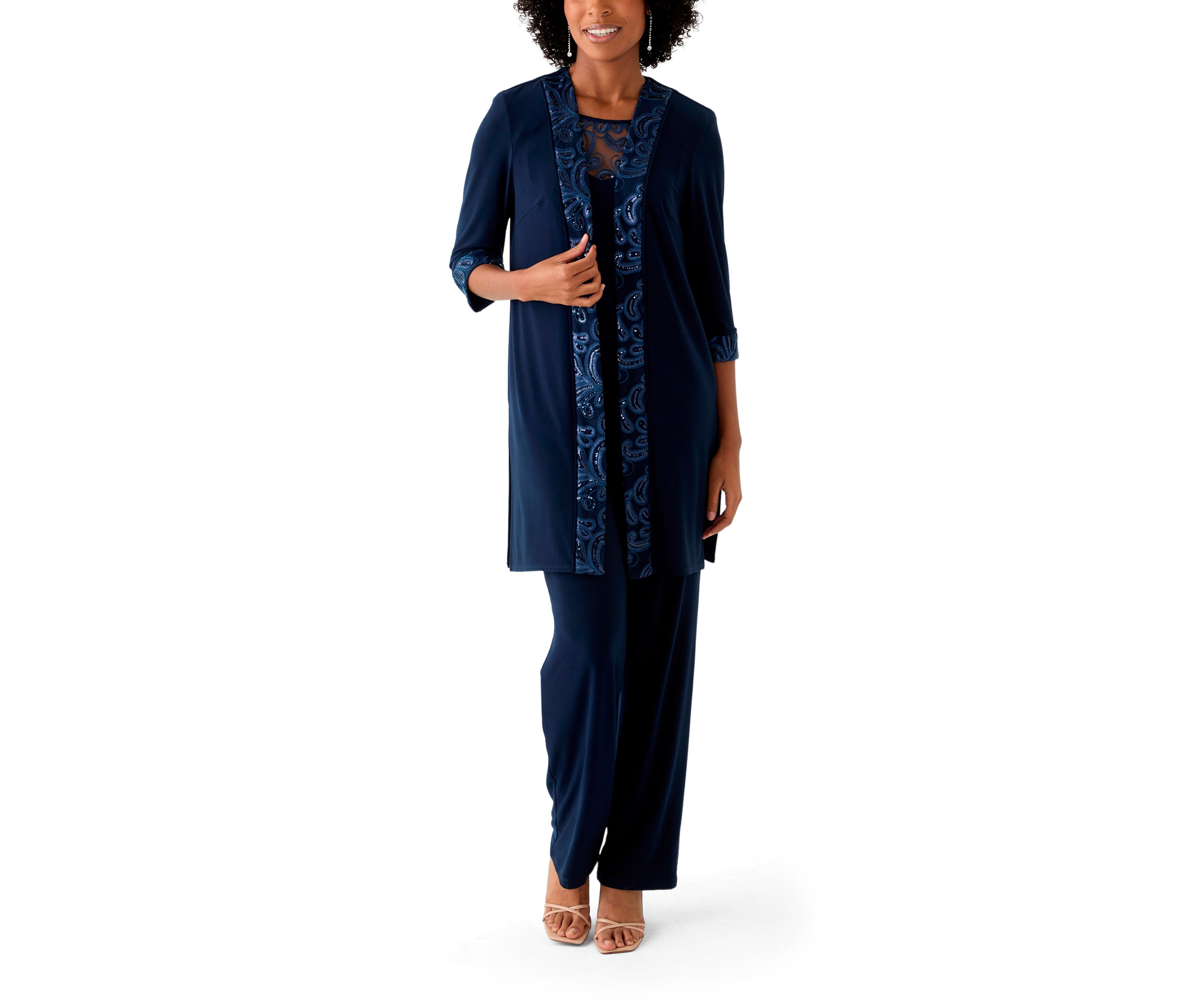 Womens 3 Piece Pant Set with Embroidered Trim