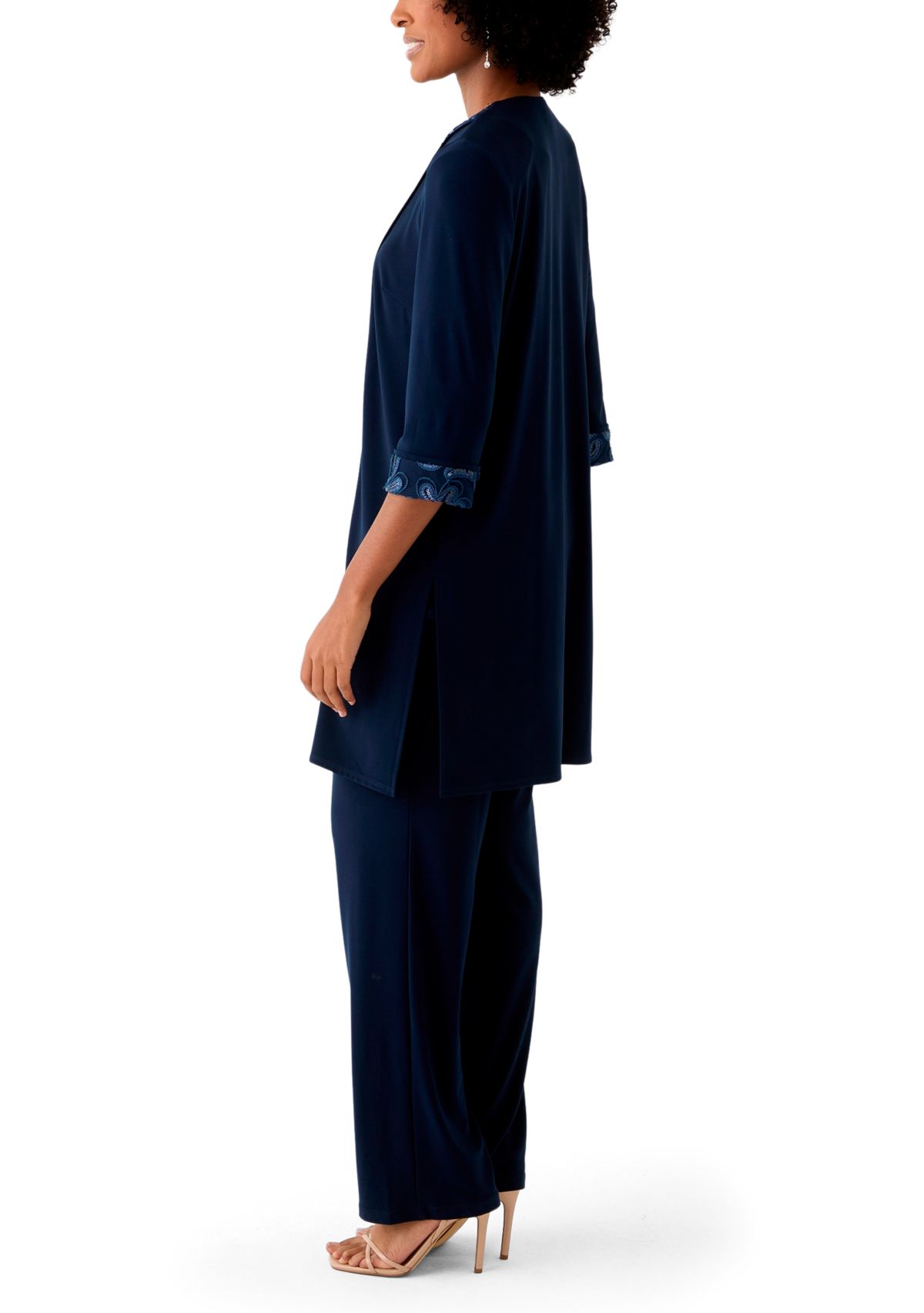 Womens 3 Piece Pant Set with Embroidered Trim