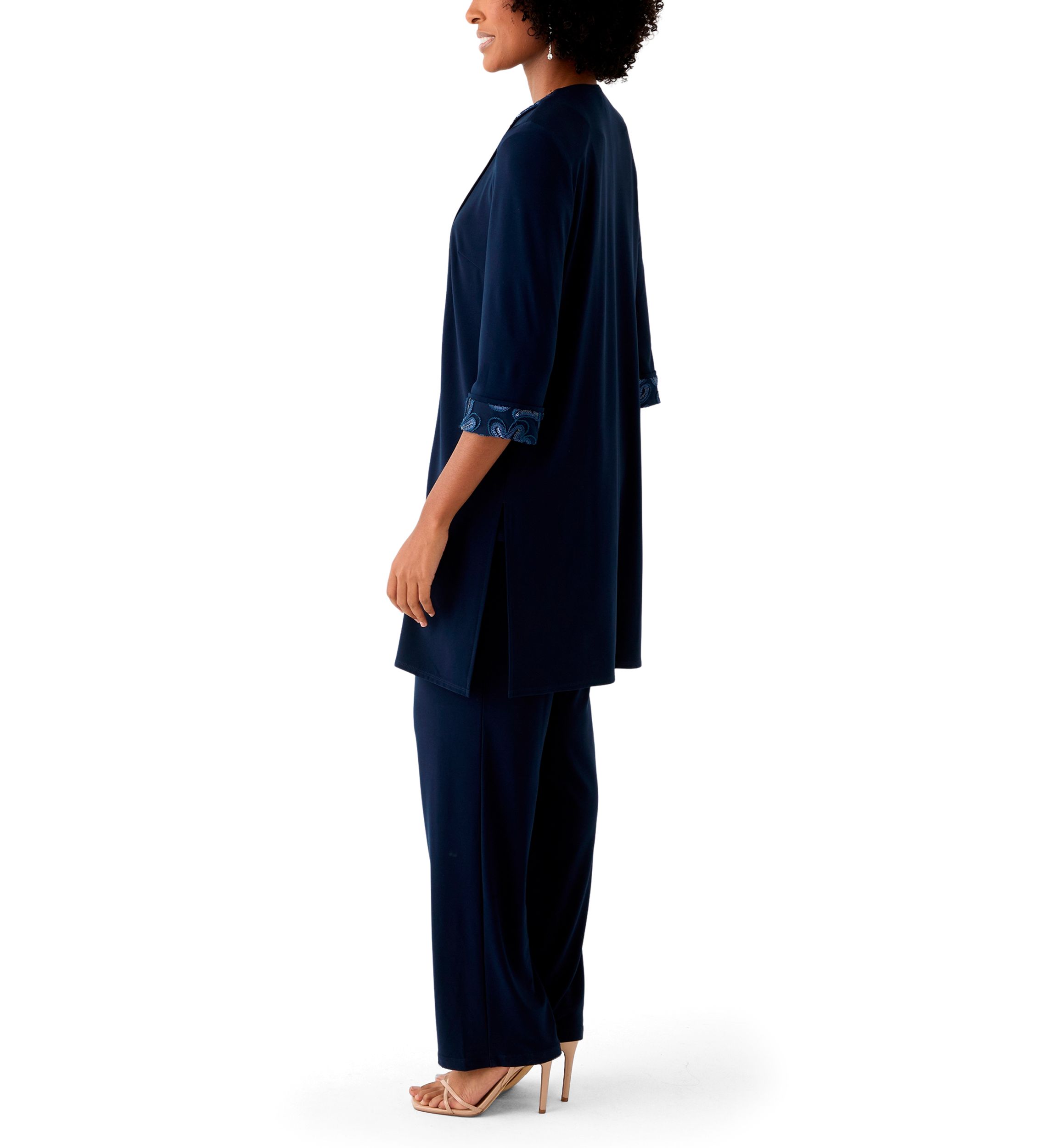 Womens 3 Piece Pant Set with Embroidered Trim