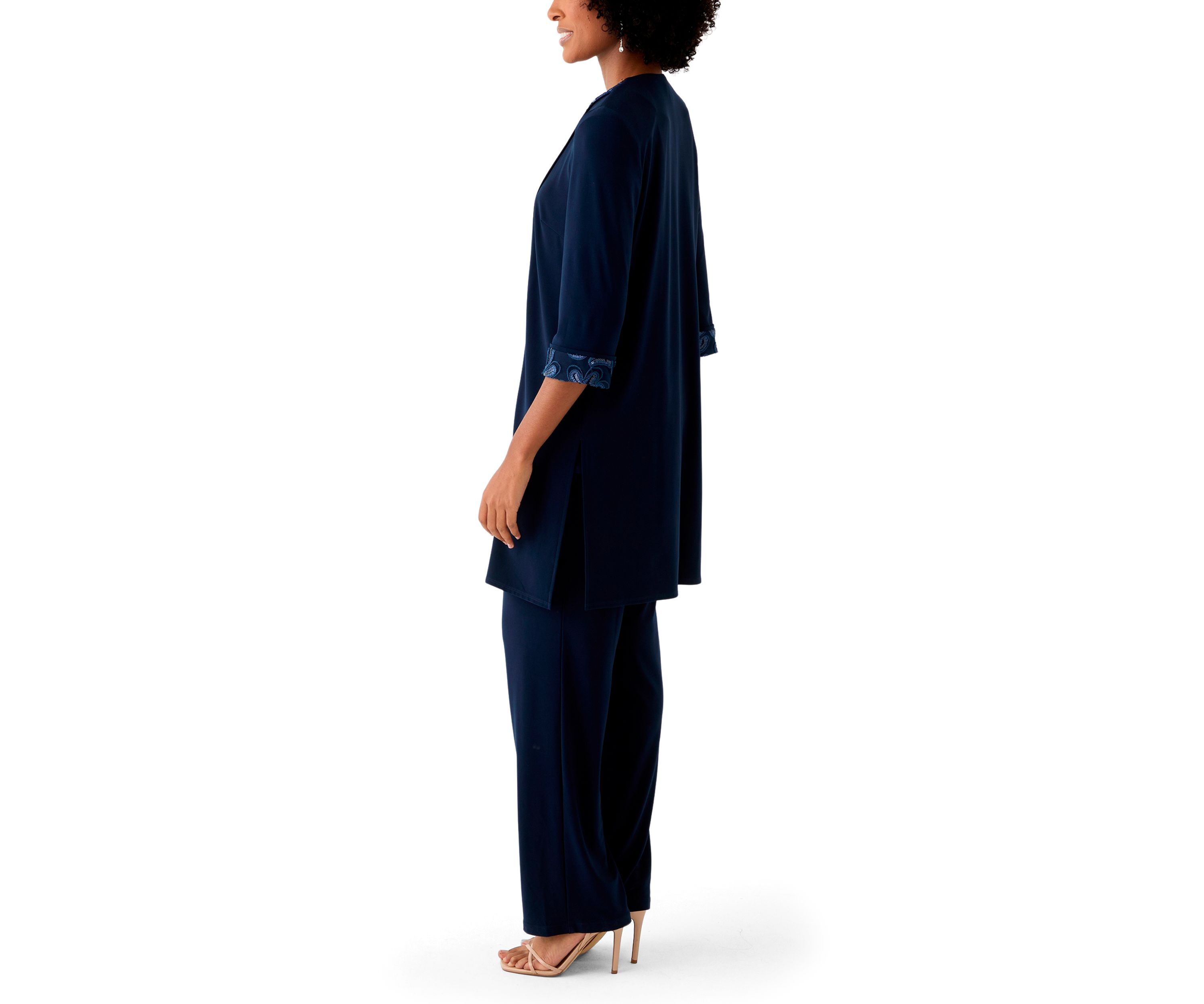 Womens 3 Piece Pant Set with Embroidered Trim