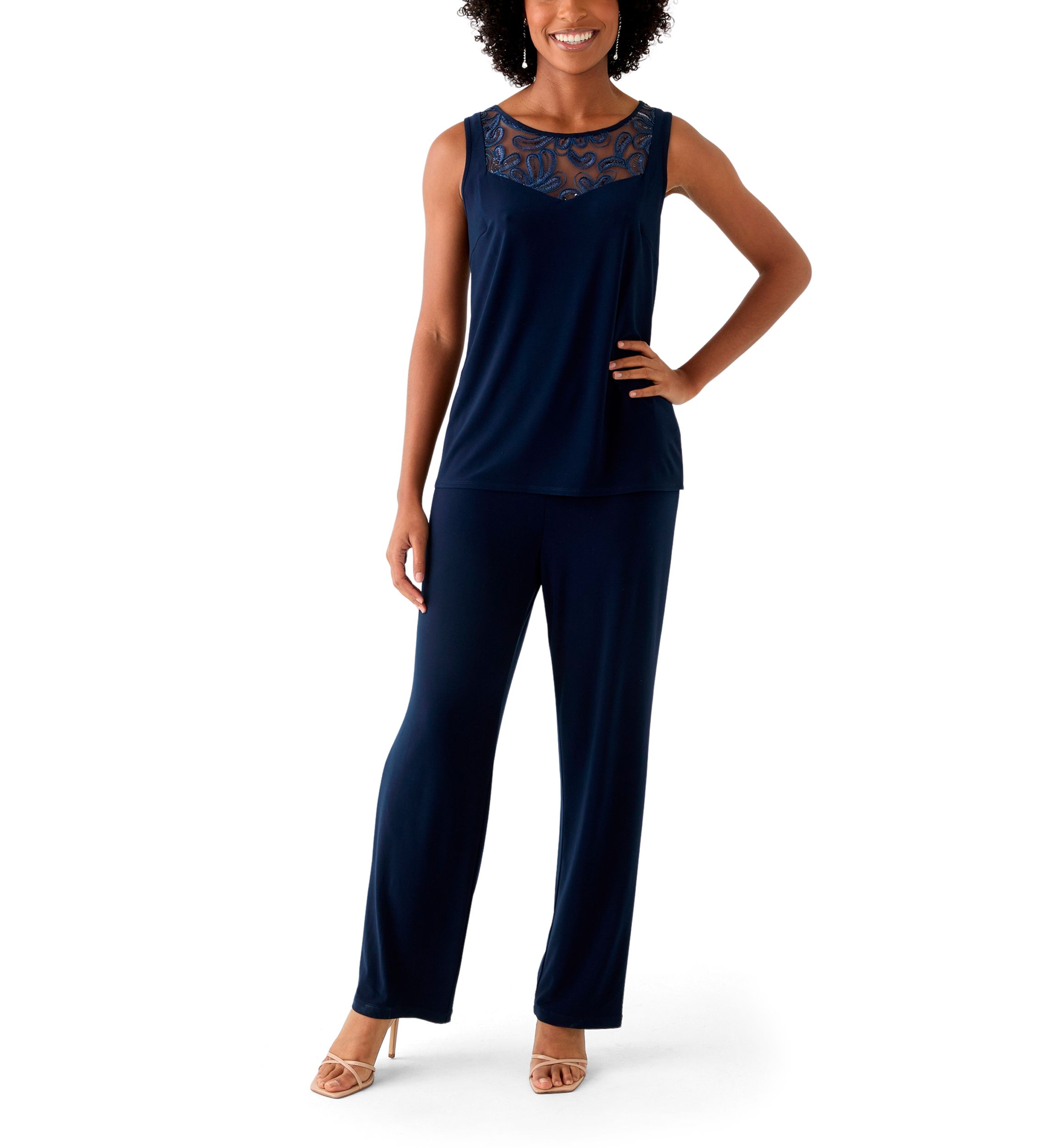 Womens 3 Piece Pant Set with Embroidered Trim