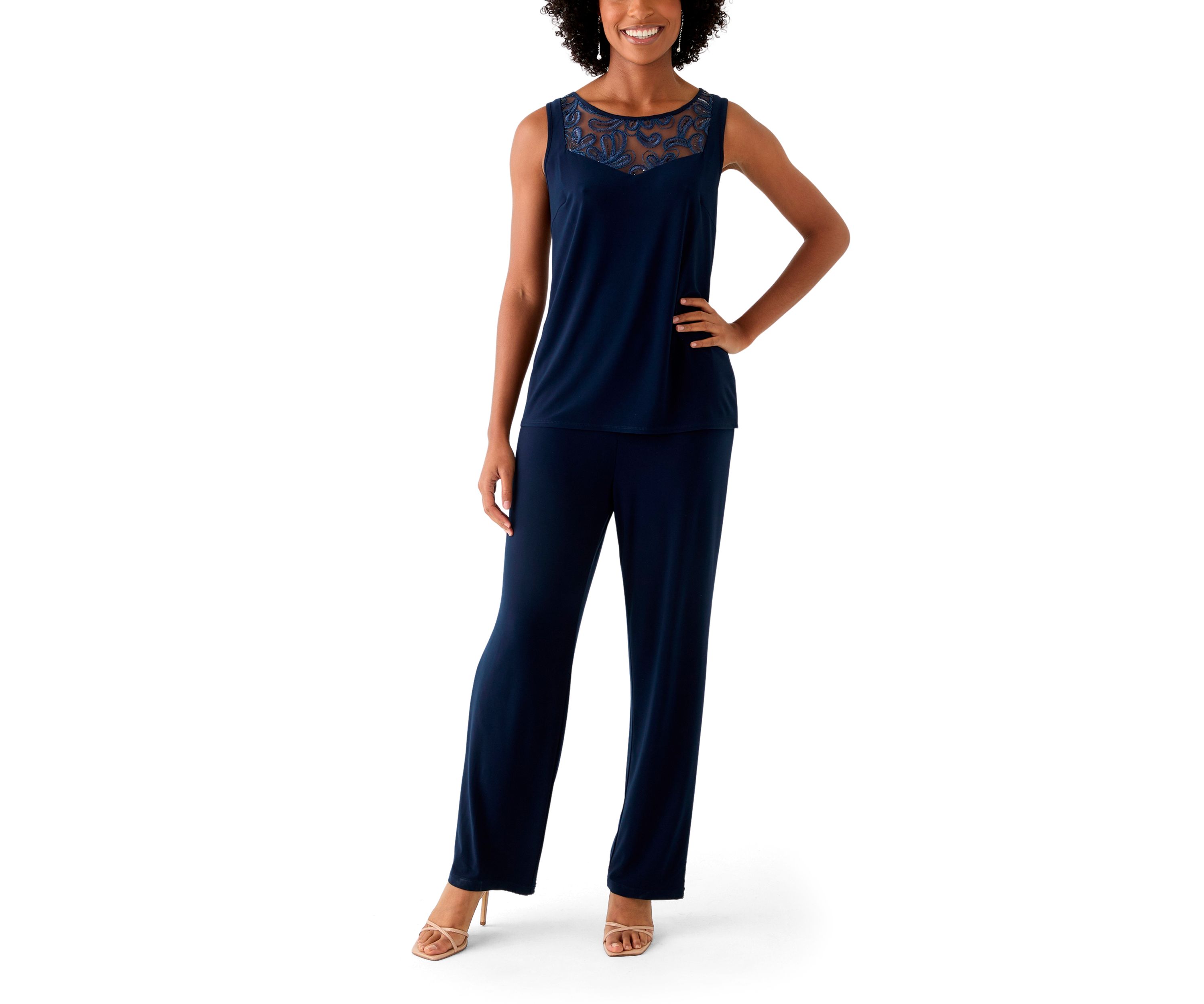 Womens 3 Piece Pant Set with Embroidered Trim