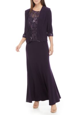 Le Bos Women s 2 Piece Long Jacket Dress with Embroidered Bodice