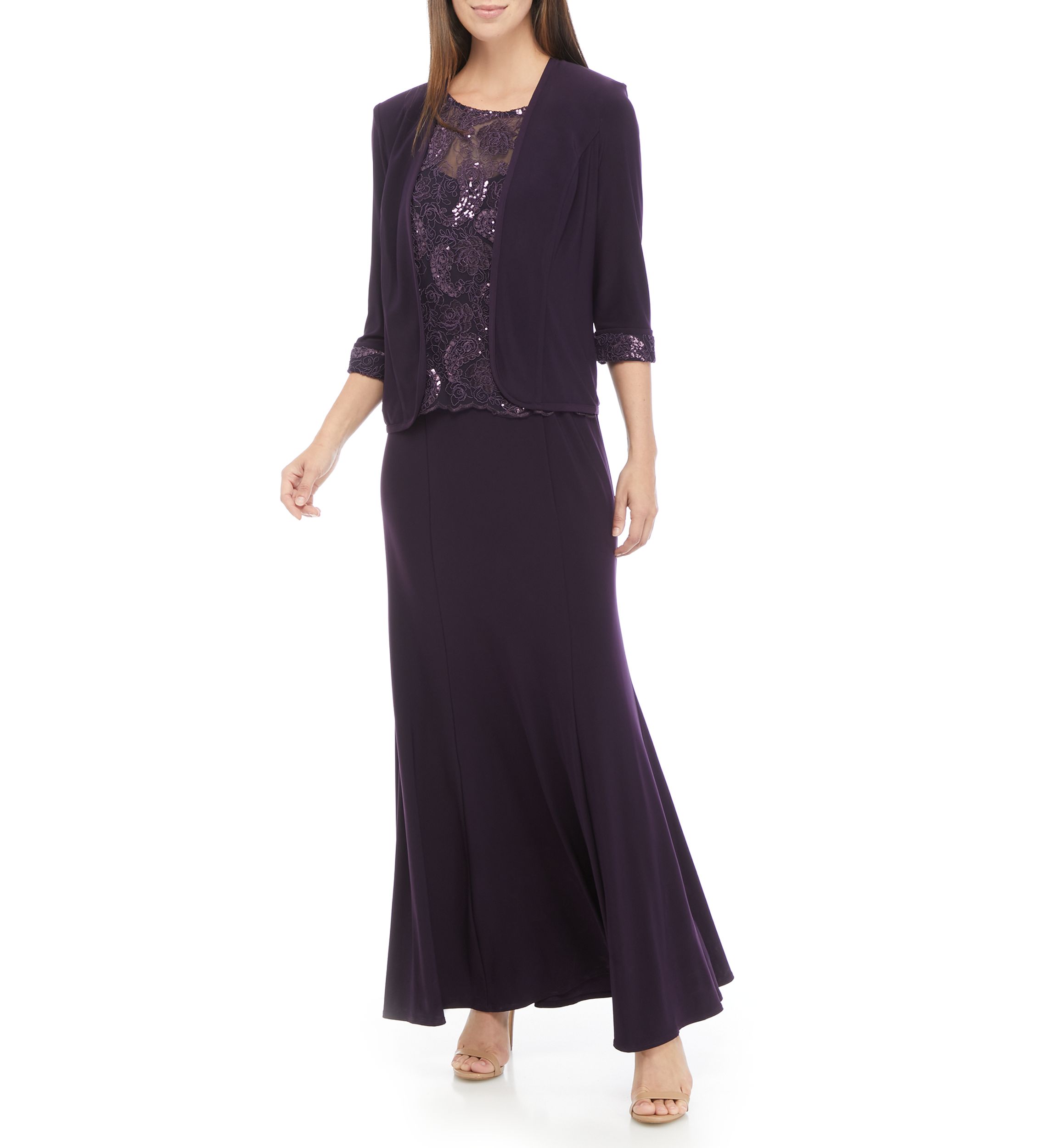 Womens 2 Piece Long Jacket Dress with Embroidered Bodice 