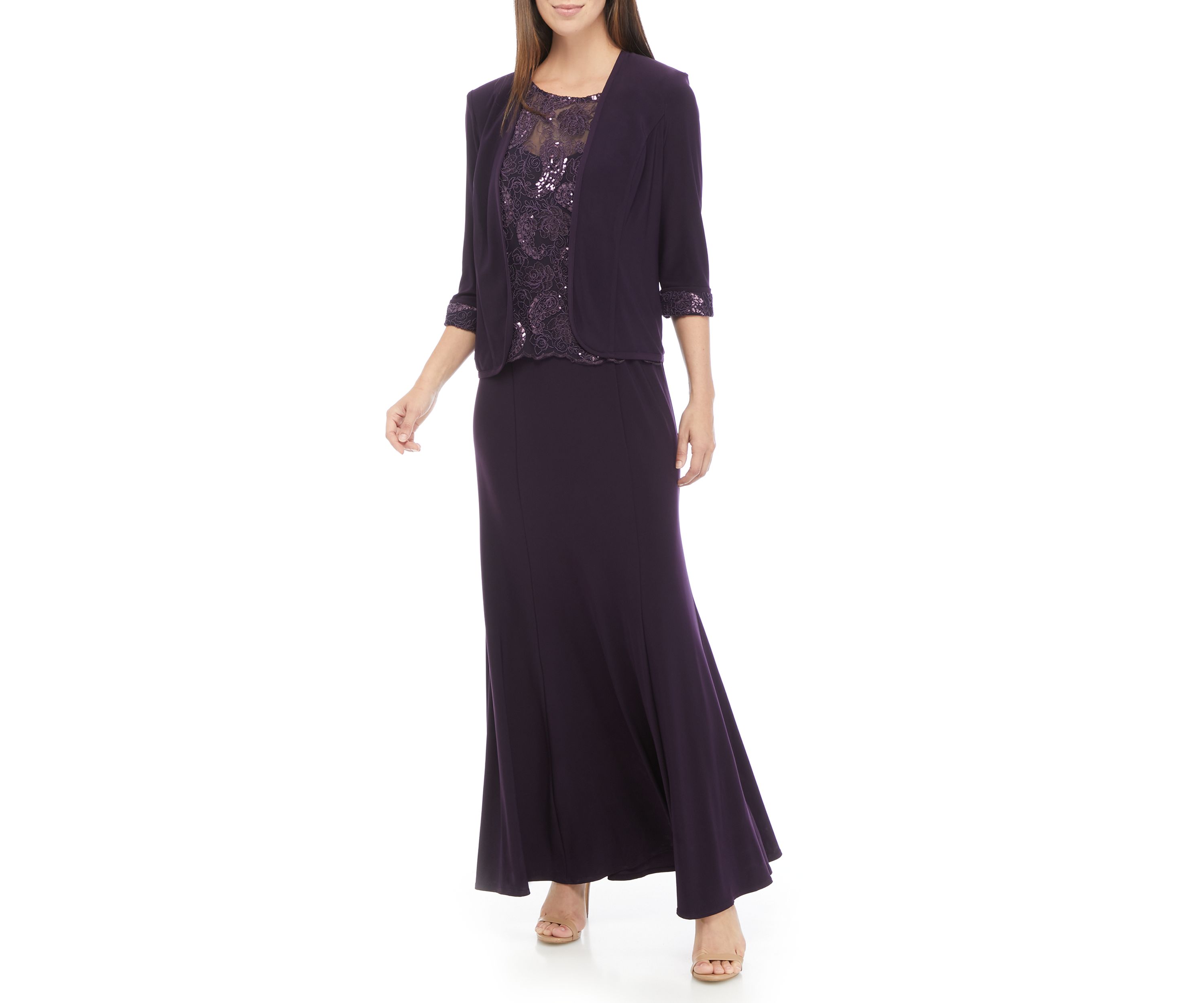 Womens 2 Piece Long Jacket Dress with Embroidered Bodice 