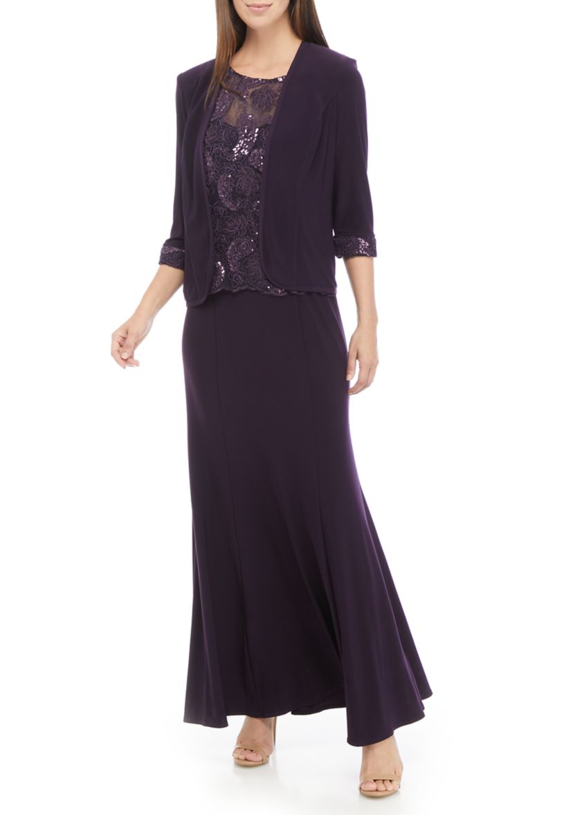 Womens 2 Piece Long Jacket Dress with Embroidered Bodice 