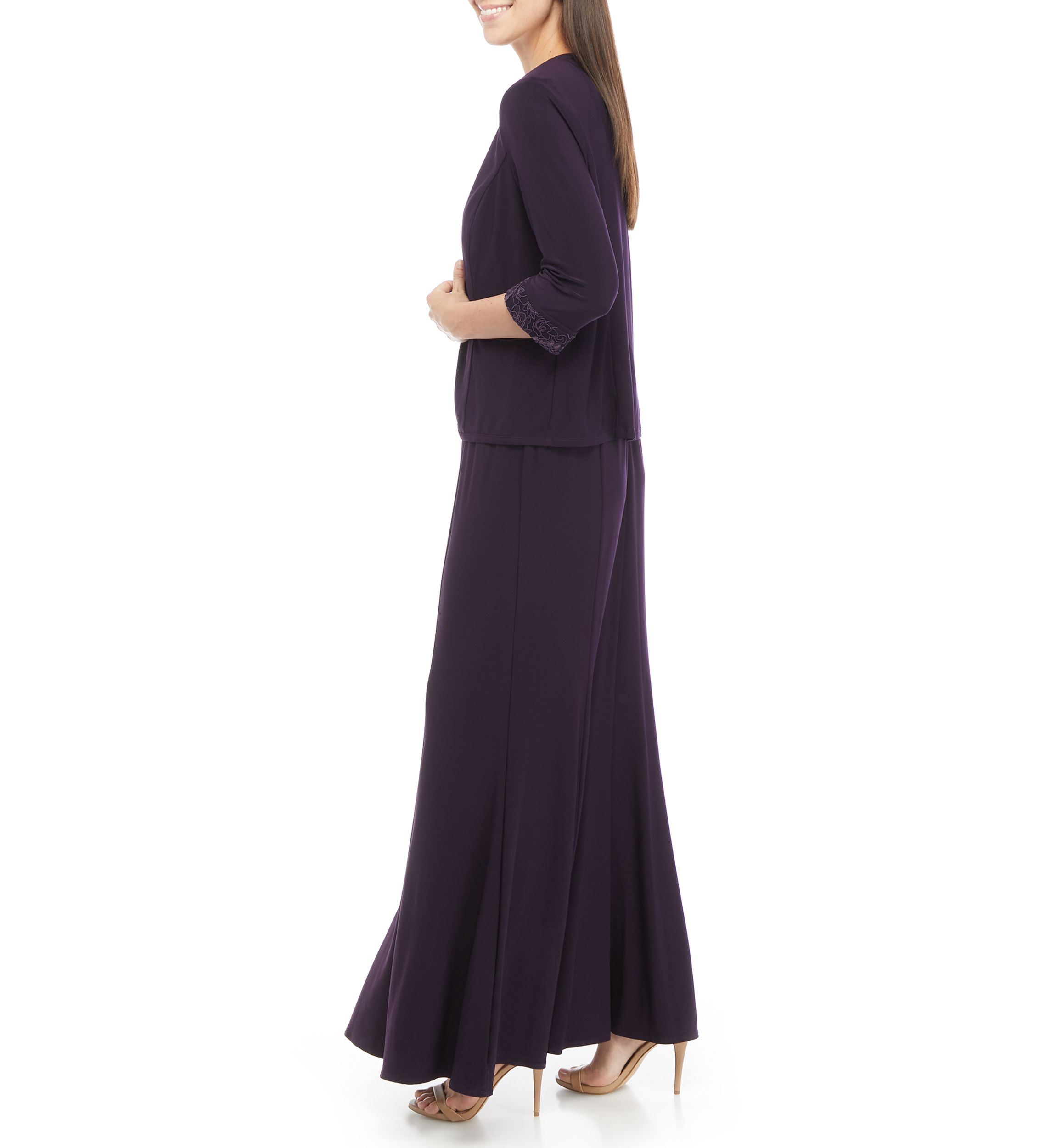 Womens 2 Piece Long Jacket Dress with Embroidered Bodice 