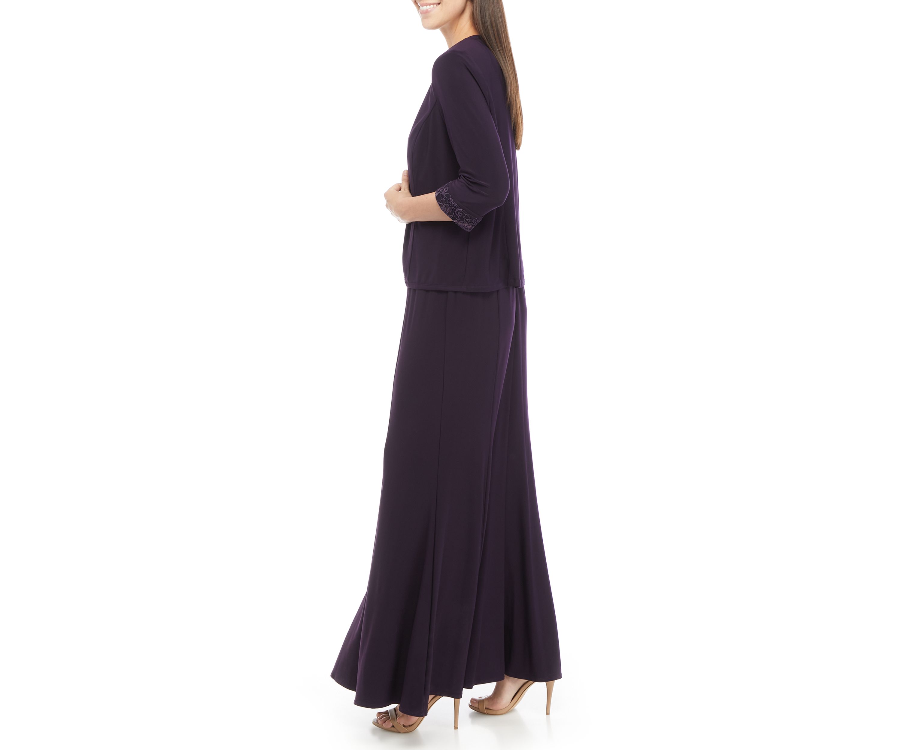 Womens 2 Piece Long Jacket Dress with Embroidered Bodice 