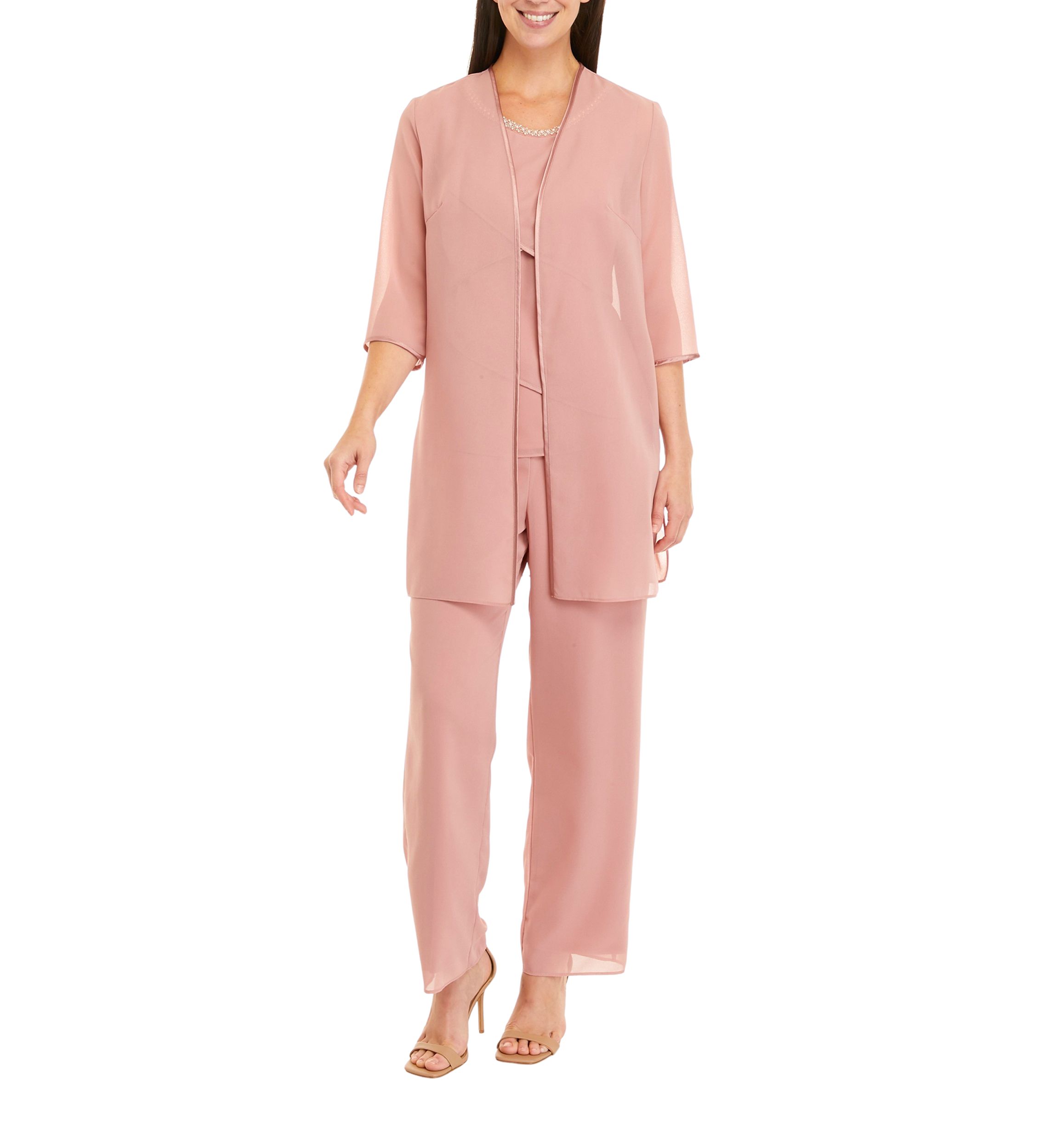 Womens 3 Piece Long Sleeve Chiffon Tiered Duster Pant Set